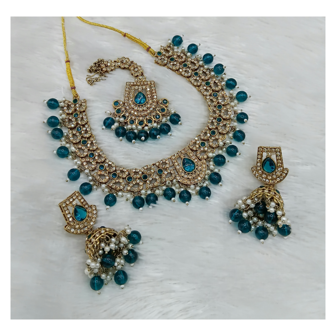 Joban Fashion Teal Blue Stone Work Necklace Set
