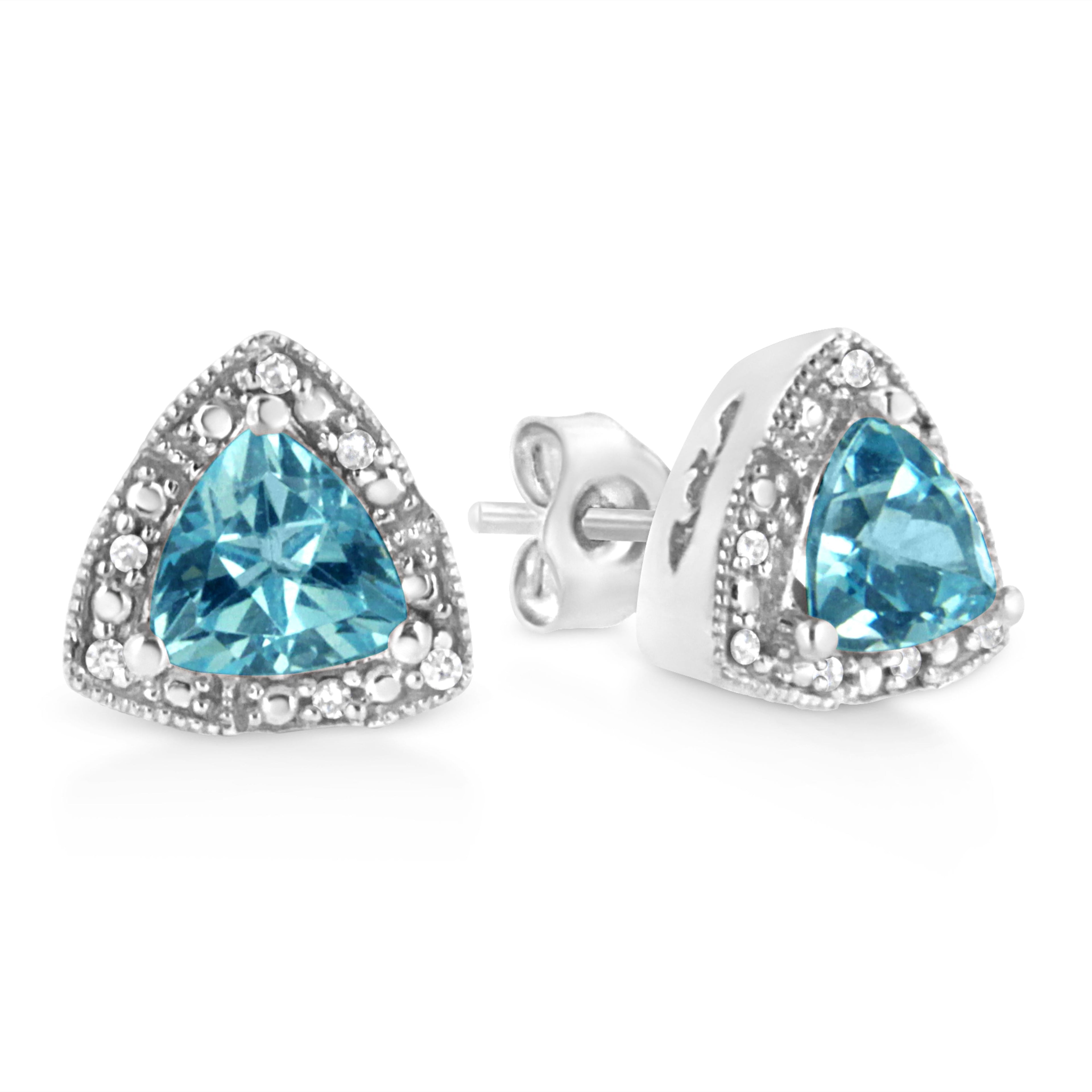 .925 Sterling Silver 6x6 mm Trillion Cut Blue Topaz Gemstone and Diamond Accent Stud Earring (I-J Color, I1-I2 Clarity) DestGlow