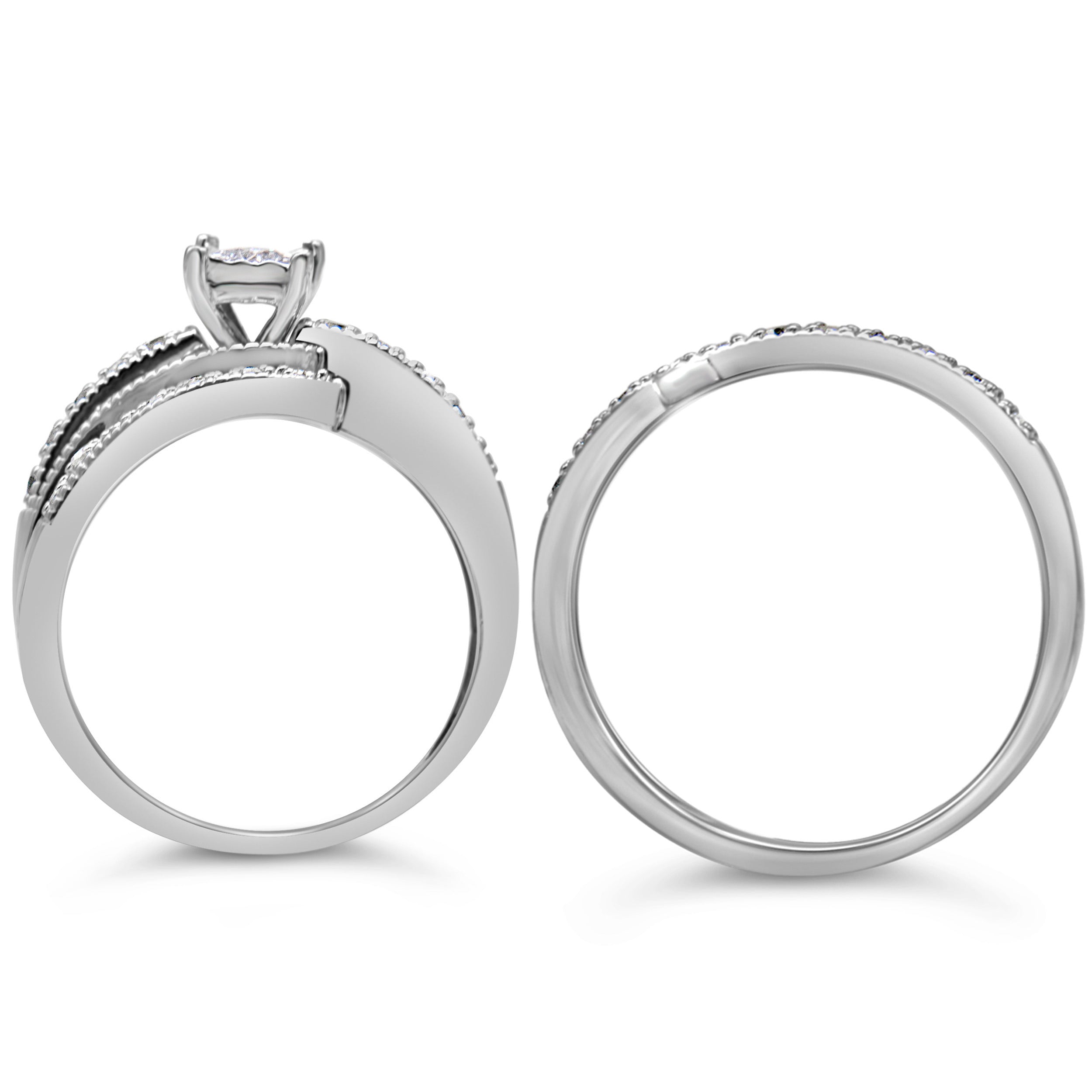 .925 Sterling Silver 1/3 Cttw Round Diamond Crisscross Engagement Ring Bridal Set (H-I Color, I1-I2 Clarity ) - Size 7 by Bids.com