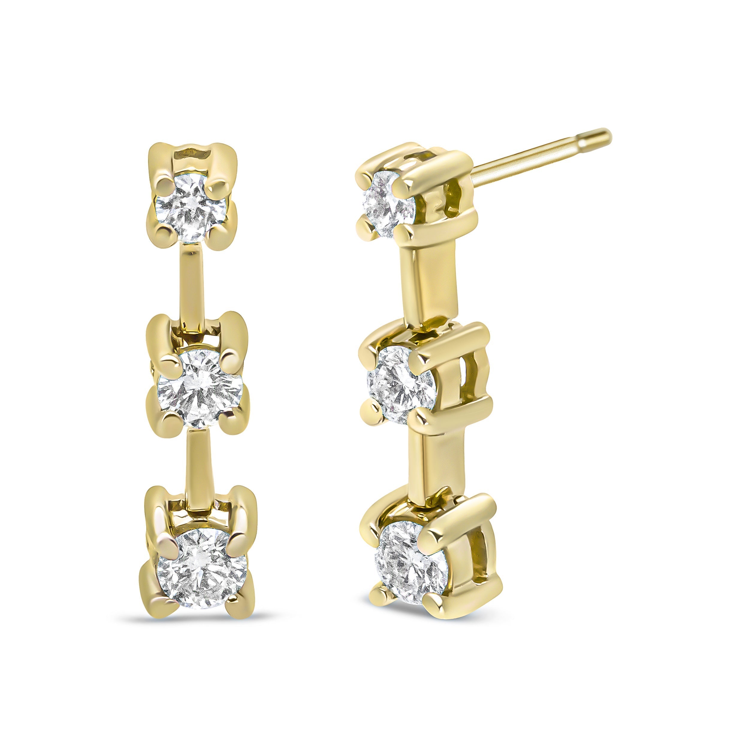 14K Yellow Gold 1/2 Cttw Round Diamond 3 Stone Graduated Linear Drop Past, Present and Future Stud Earrings (H-I Color, SI1-SI2 Clarity) DestGlow