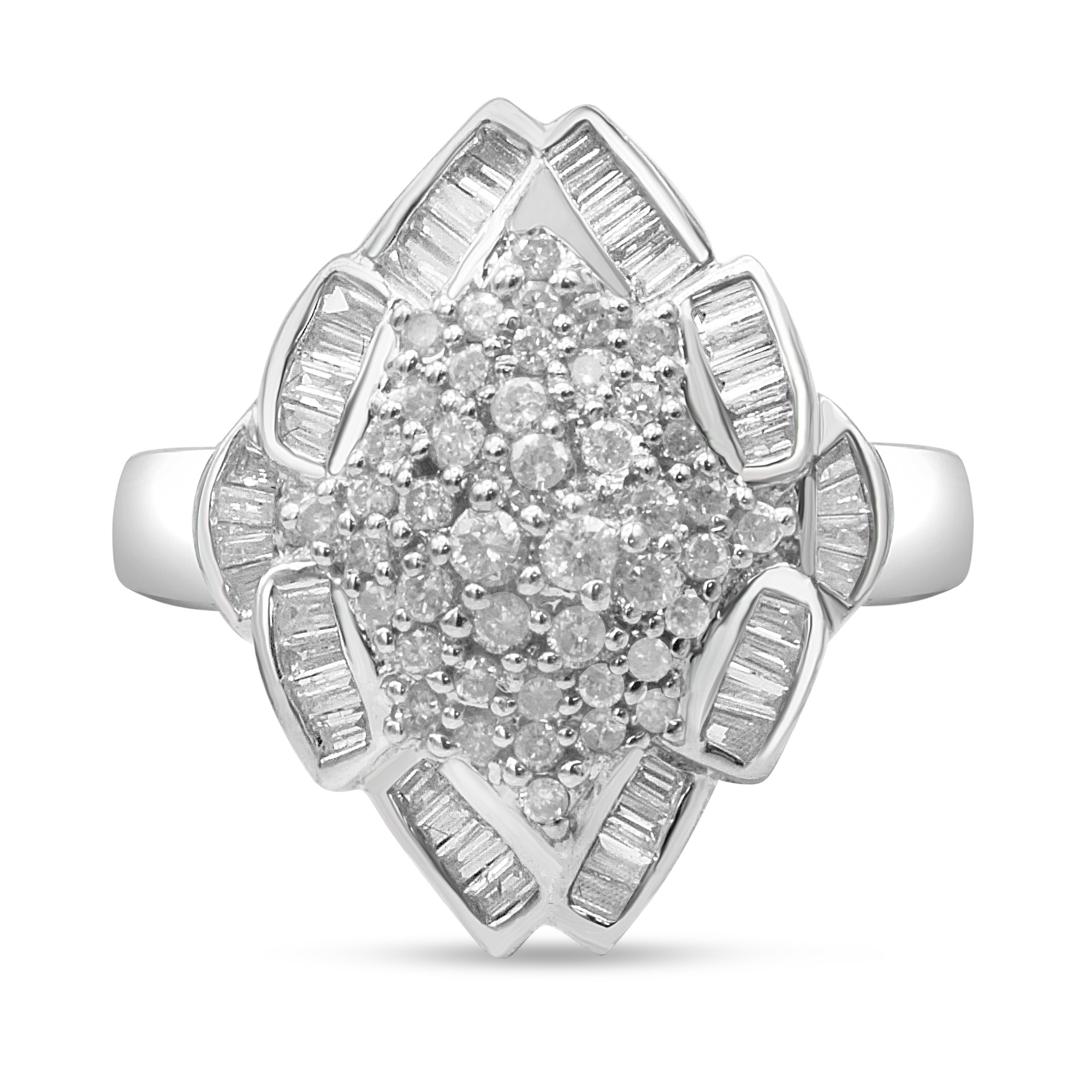 14K White Gold 7/8 Cttw Round and Baguette-Cut Diamond Cluster Ring (H-I Color, SI2-I1 Clarity) - Size 7 by Bids.com