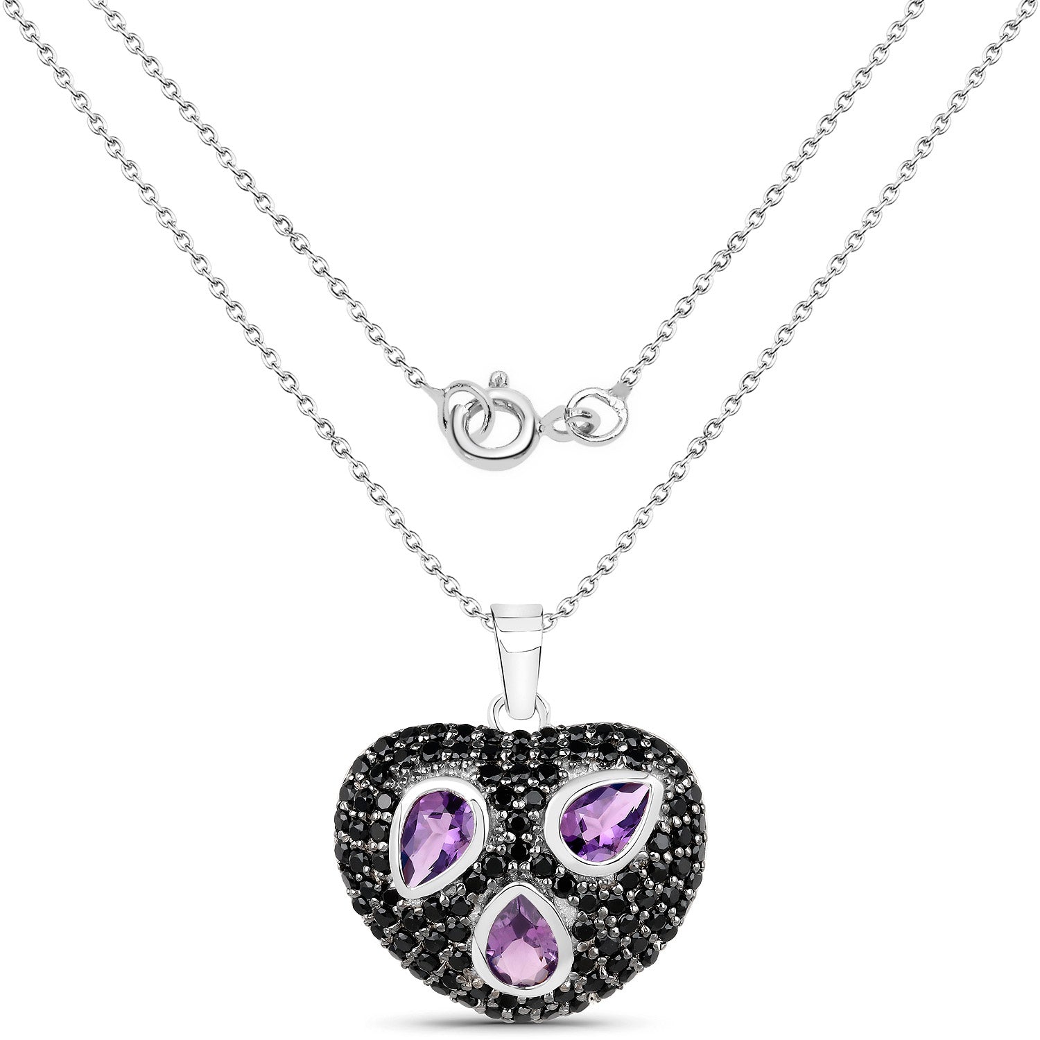 3.19 Carat Genuine Amethyst and Black Spinel .925 Sterling Silver Pendant DestGlow