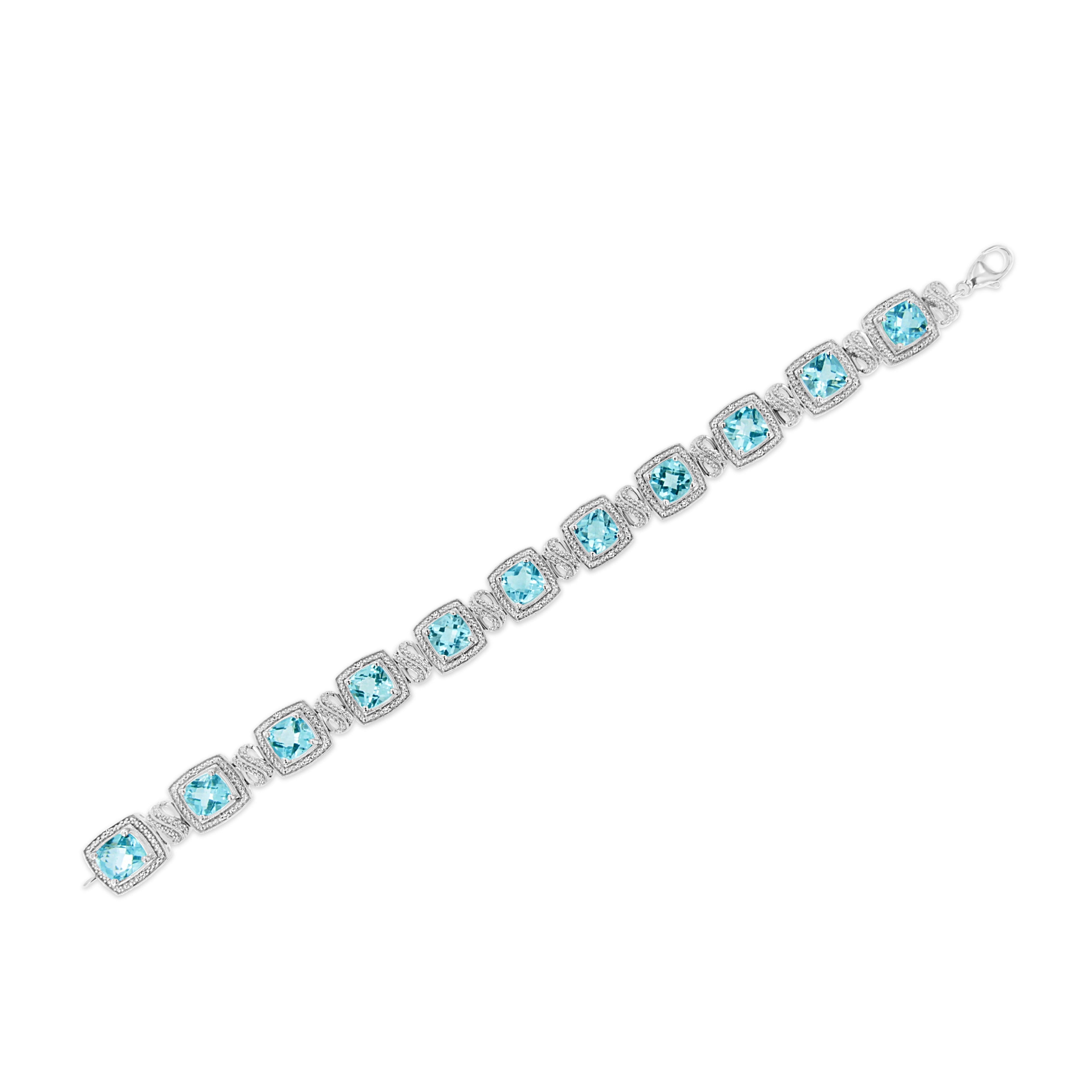 .925 Sterling Silver 7x7 mm Cushion Cut Blue Topaz and 1/10 Ctw Single Cut Diamond Square Shape Tennis Bracelet (I-J Color, I1-I2 Clarity) - 7" DestGlow