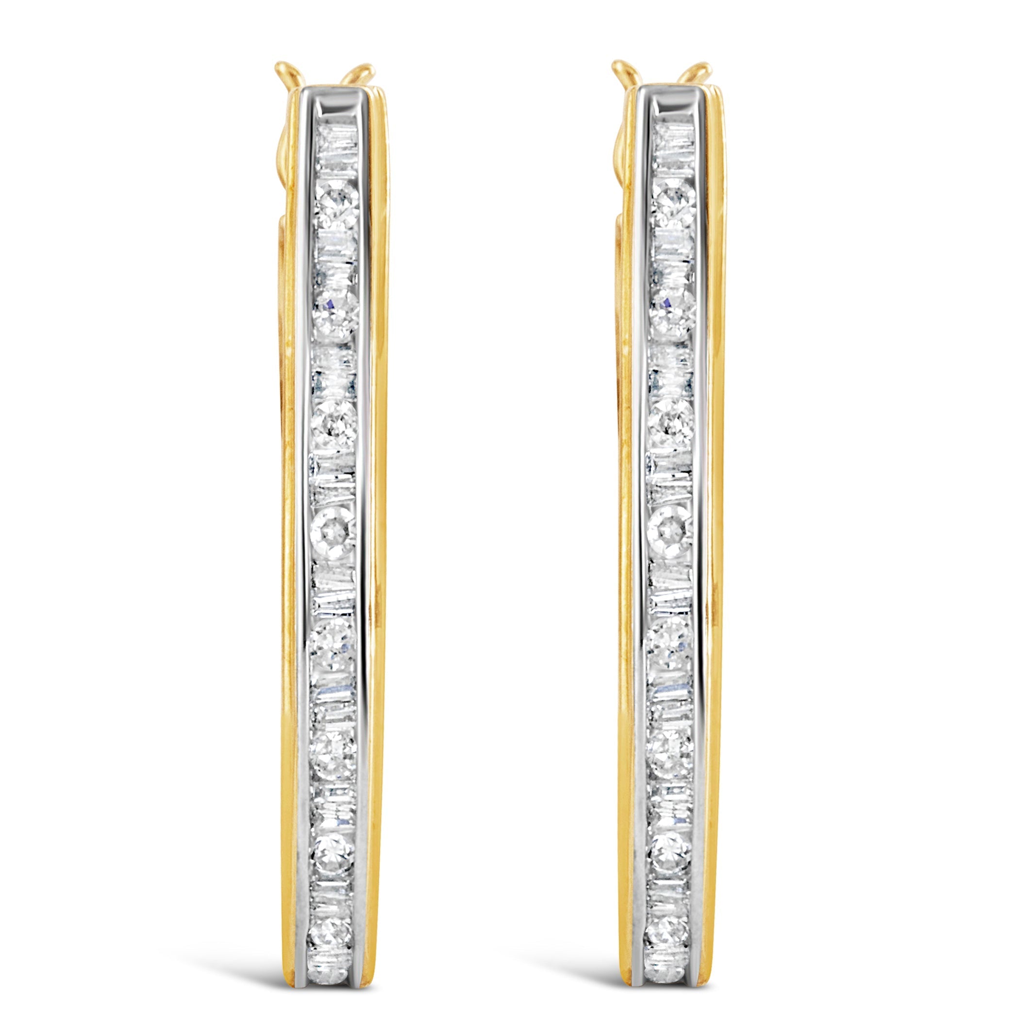 10K Yellow Gold 1.00 Cttw Round and Baguette-Cut Diamond U-Hoop Earrings (H-I Color, SI2-I1 Clarity)