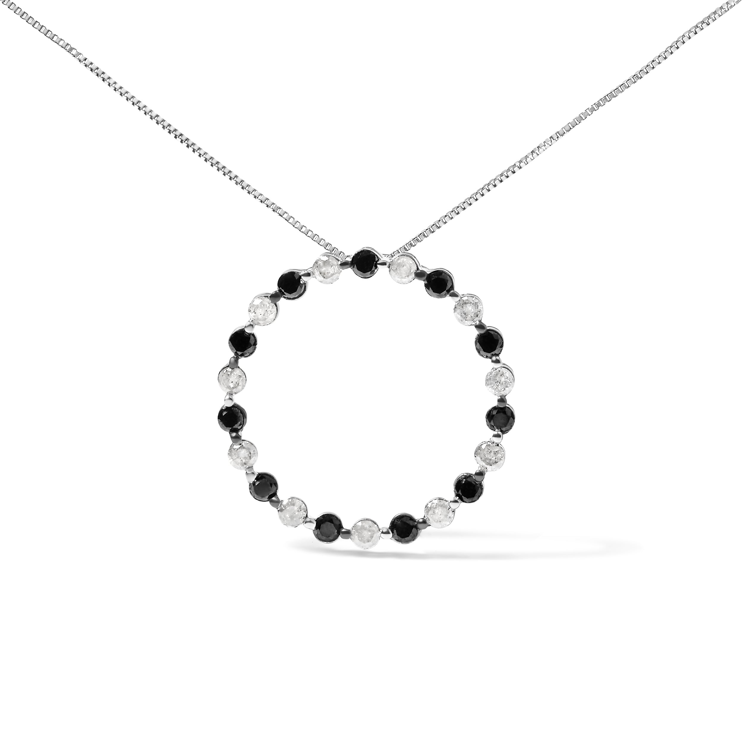 .925 Sterling Silver 1 3/4 Cttw Alternating Black and White Diamond Open Circle Hoop Pendant Necklace (H-I Color, I2-I3 Clarity) - 18" Inches DestGlow