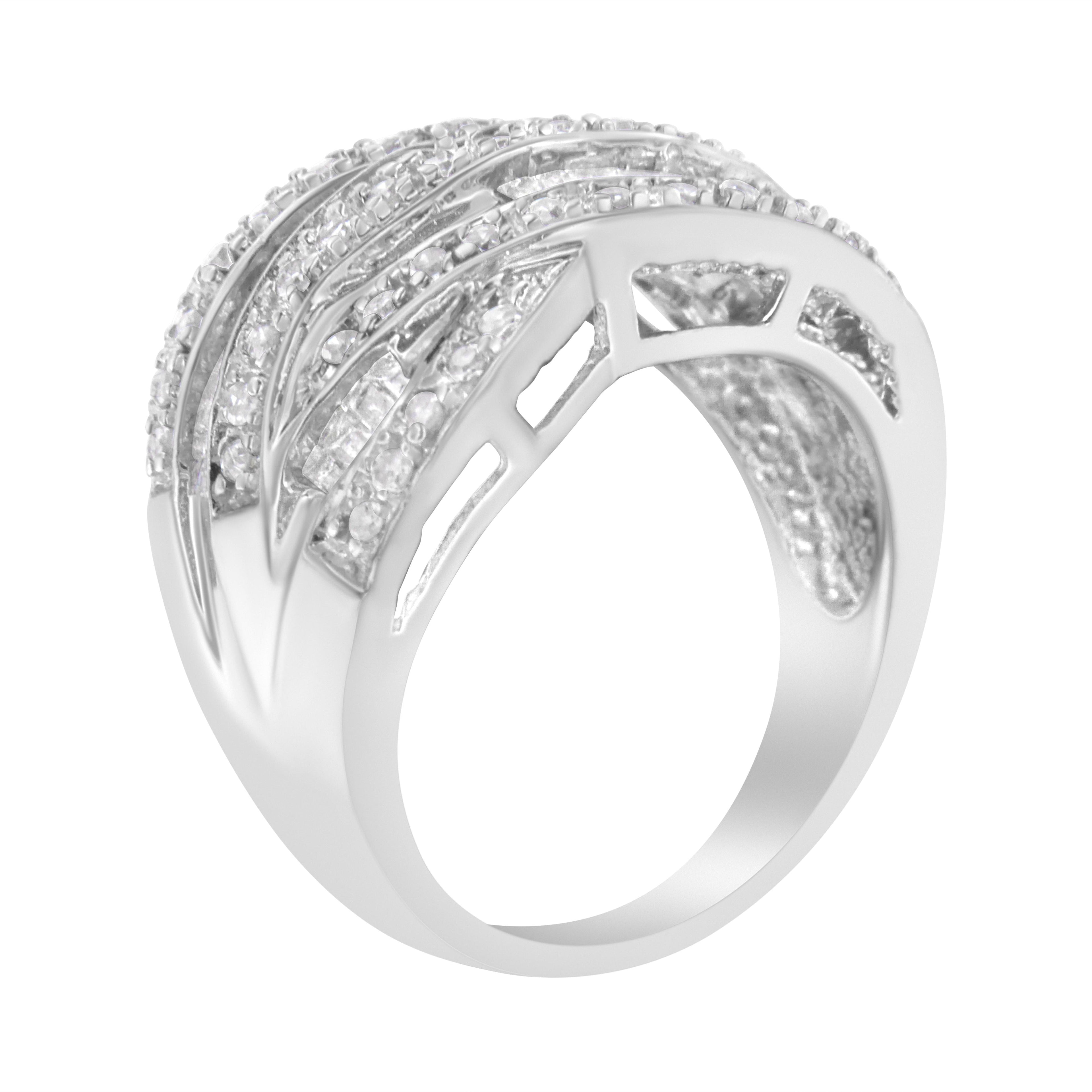 .925 Sterling Silver 1.0 Cttw Channel Set Alternating Round and Baguette Diamond Cross-over Bypass Ring Band (I-J Color, I2-I3 Clarity) - Size 7 by Bids.com