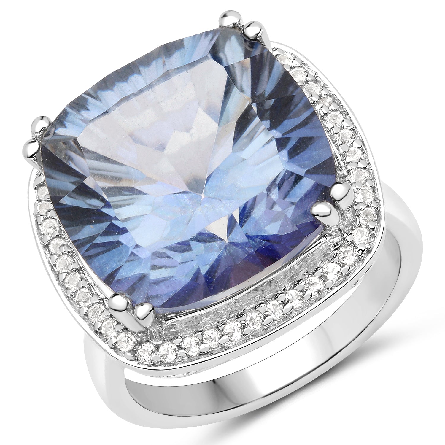 13.95 Carat Genuine Blue Mystic Quartz and White Topaz .925 Sterling Silver Ring DestGlow