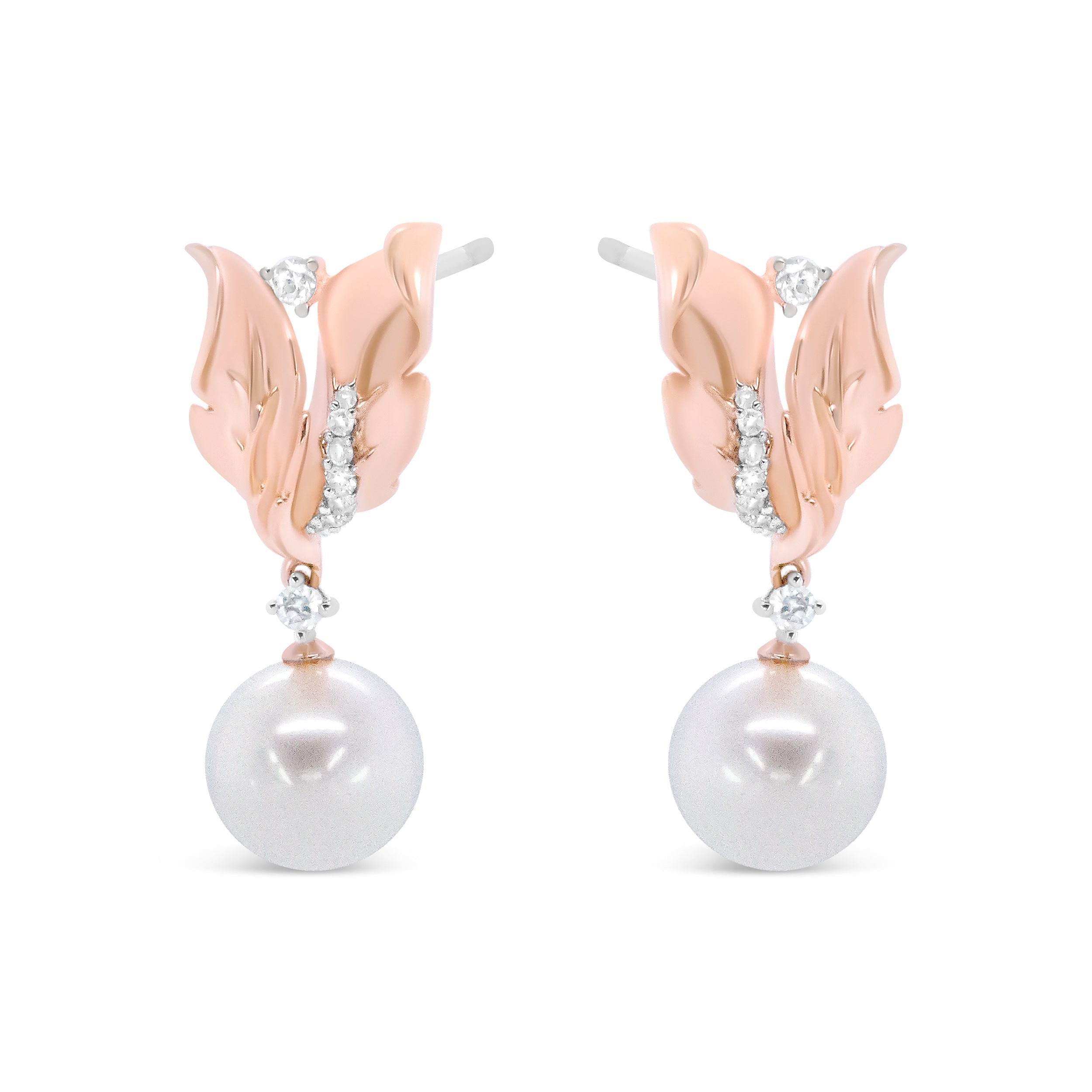 14K Rose Gold 1/6 Cttw Round Diamond and 8mm Round Pearl Floral Drop Stud Earrings (H-I Color, I1-I2 Clarity) DestGlow