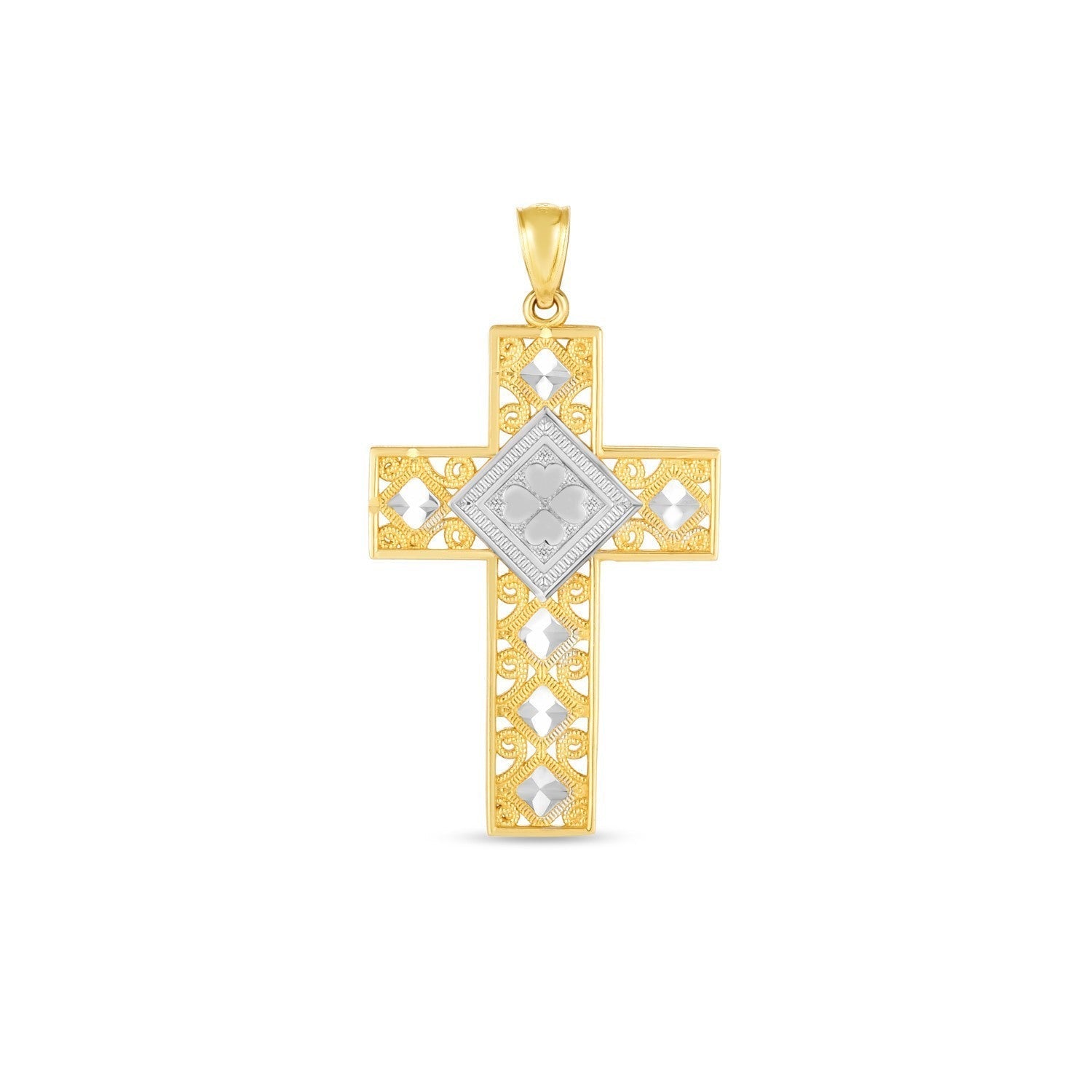 14k Two Tone Gold High Polish Diamond Cut Cross Pendant