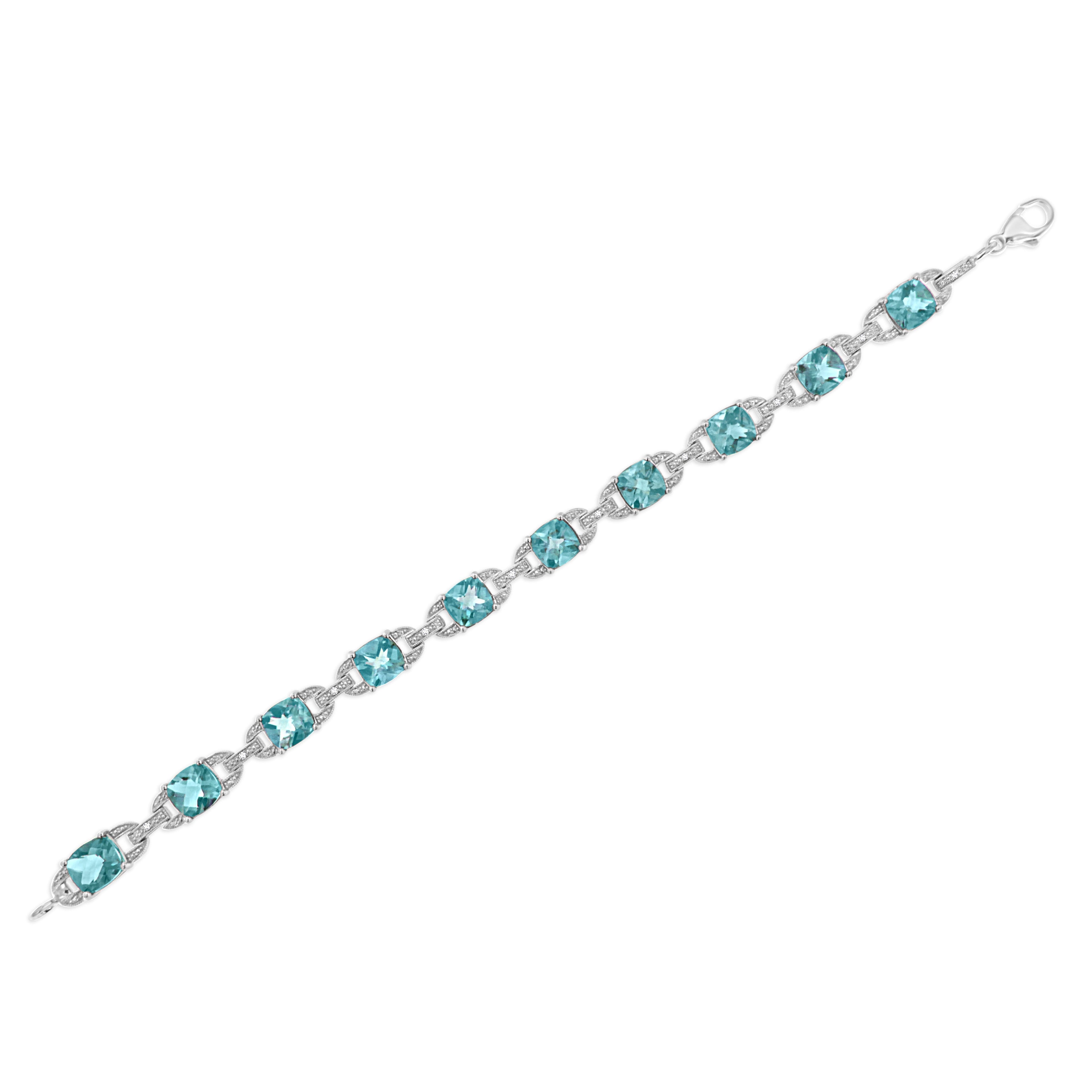 .925 Sterling Silver 7x7 mm Cushion Cut Blue Topaz and 1/20 cttw Round Cut Diamond Fashion Tennis Bracelet (I-J Color, I1-I2 Clarity) - 7" DestGlow