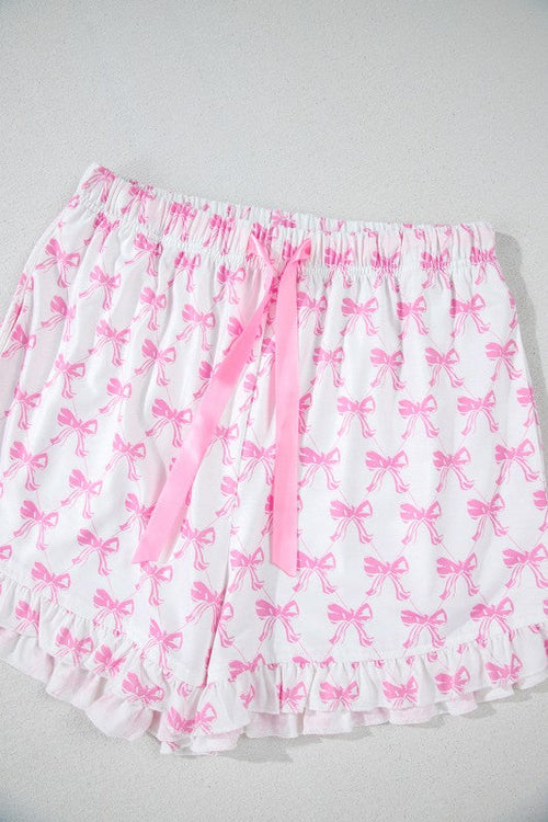 Women's Pink Bow Print Pajama Set - Short Sleeve Top & Ruffled Shorts