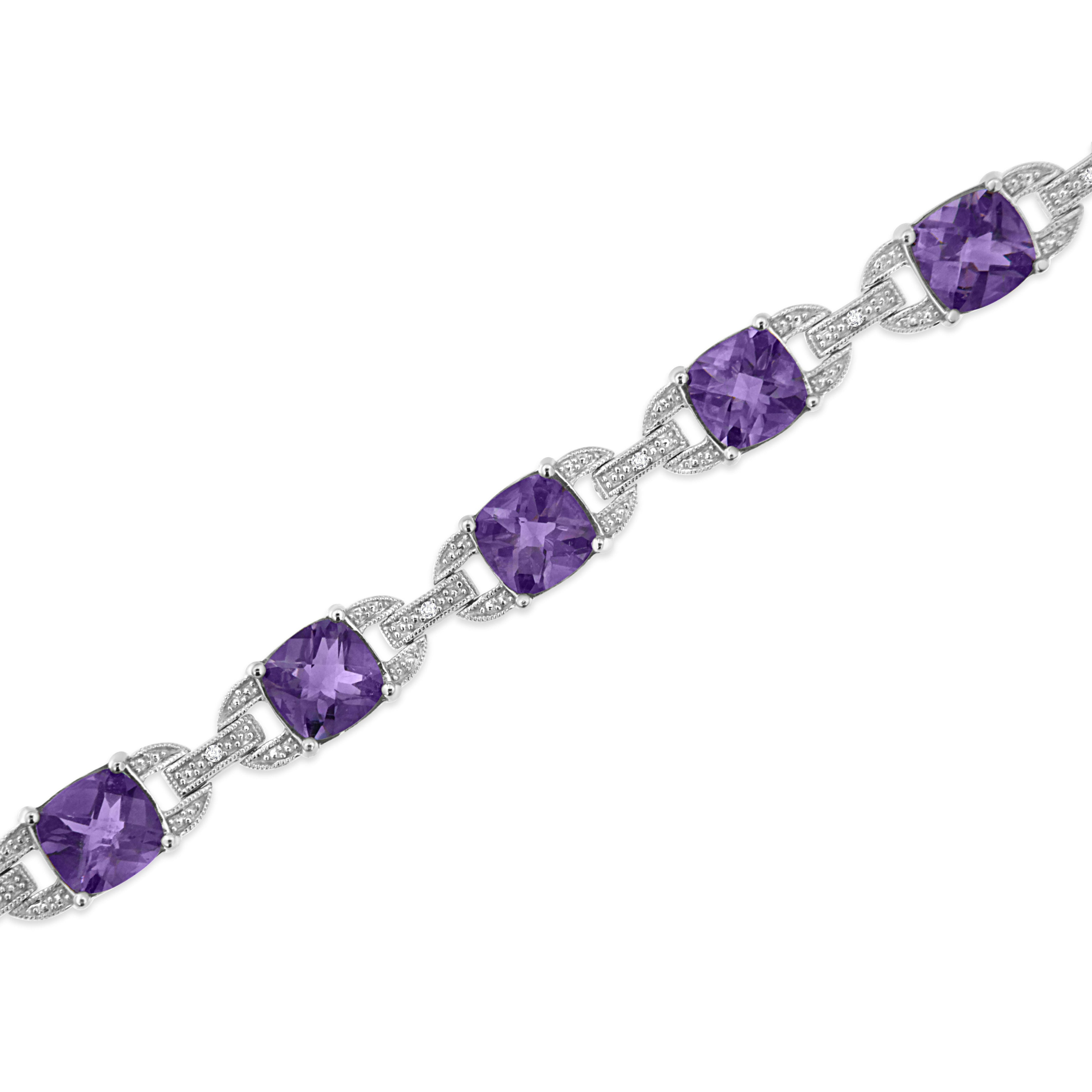 .925 Sterling Silver 7mm Cushion Cut Amethyst Gemstone and Diamond Tennis Link Bracelet (I-J Color, I1-I2 Clarity) - Size 7" by Bids.com