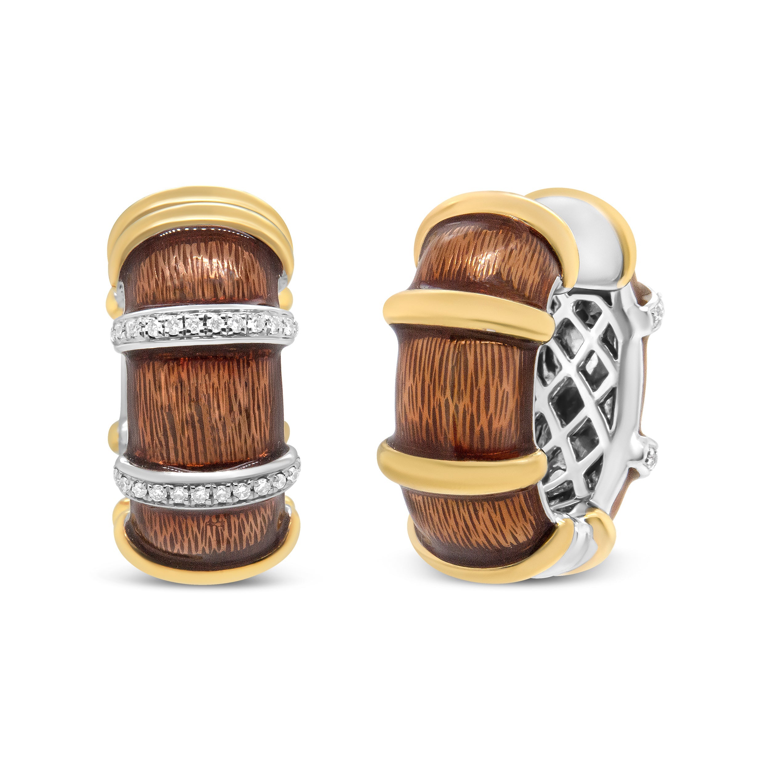 18K Yellow and White Gold Flash Plated .925 Sterling Silver Clear Brown Enamel 9/10 Cttw Round Diamonds Huggie Hoop Earrings (F-G Color, VS1-VS2 Clarity) by Bids.com