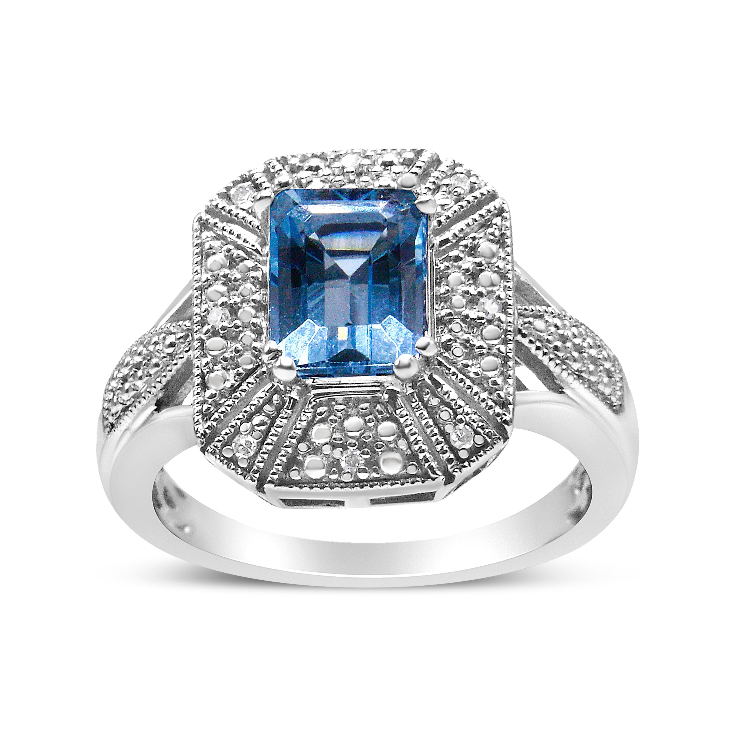 .925 Sterling Silver Diamond Accent and 8X6 mm Emerald-Shape Blue Topaz Ring (I-J Color, I2-I3 Clarity) - Ring Size 7 DestGlow