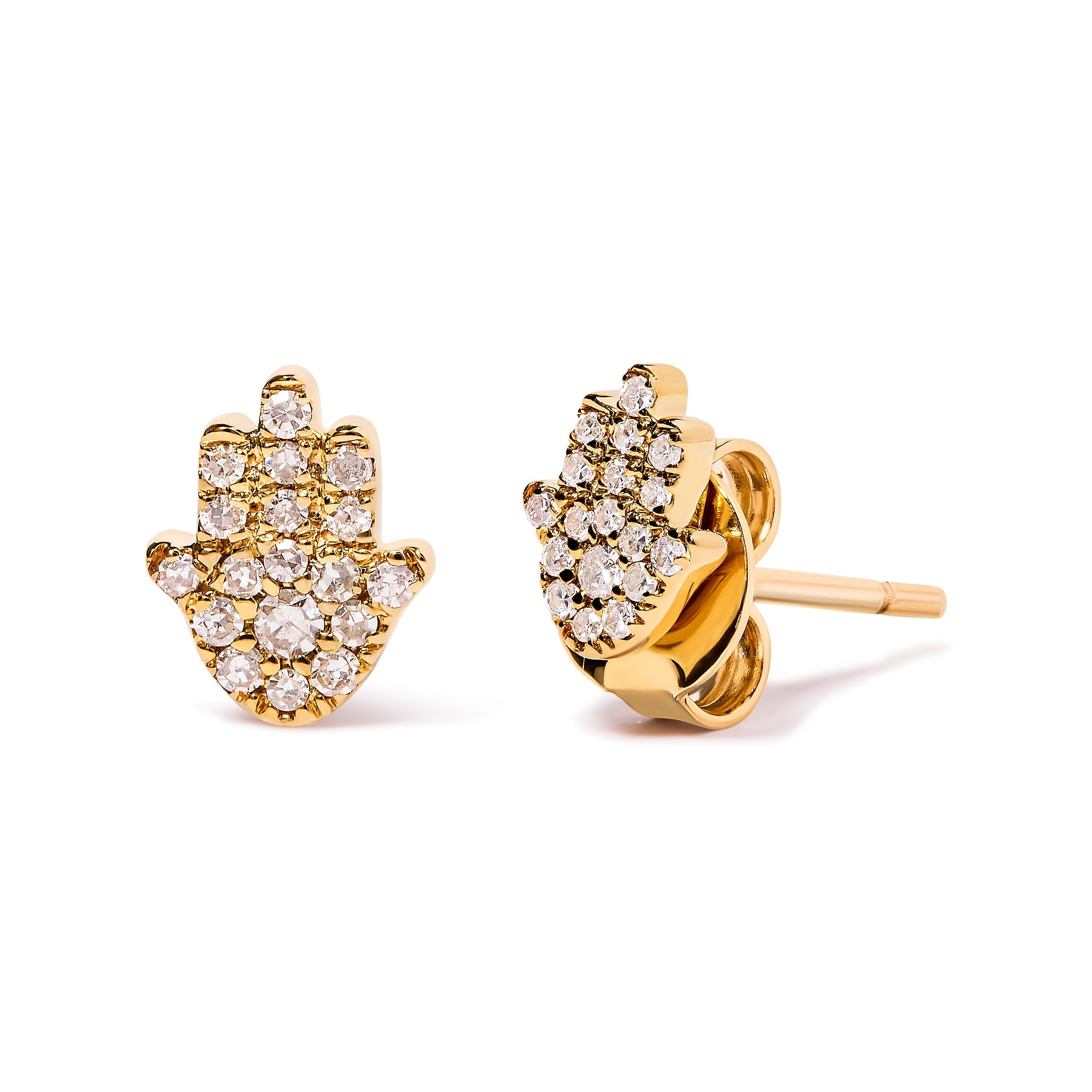 10K Yellow Gold Diamond Accented Hamsa Stud Earrings (H-I Color, I1-I2 Clarity) DestGlow