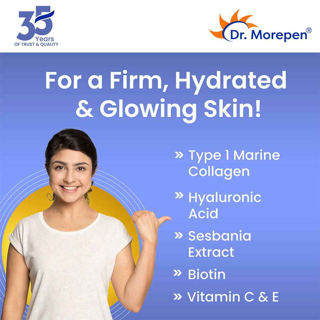 Dr. Morepen Skin Collagen Protein Powder With Hyaluronic Acid, Vitamin C, Sesbania & Biotin - Pineapple Flavour