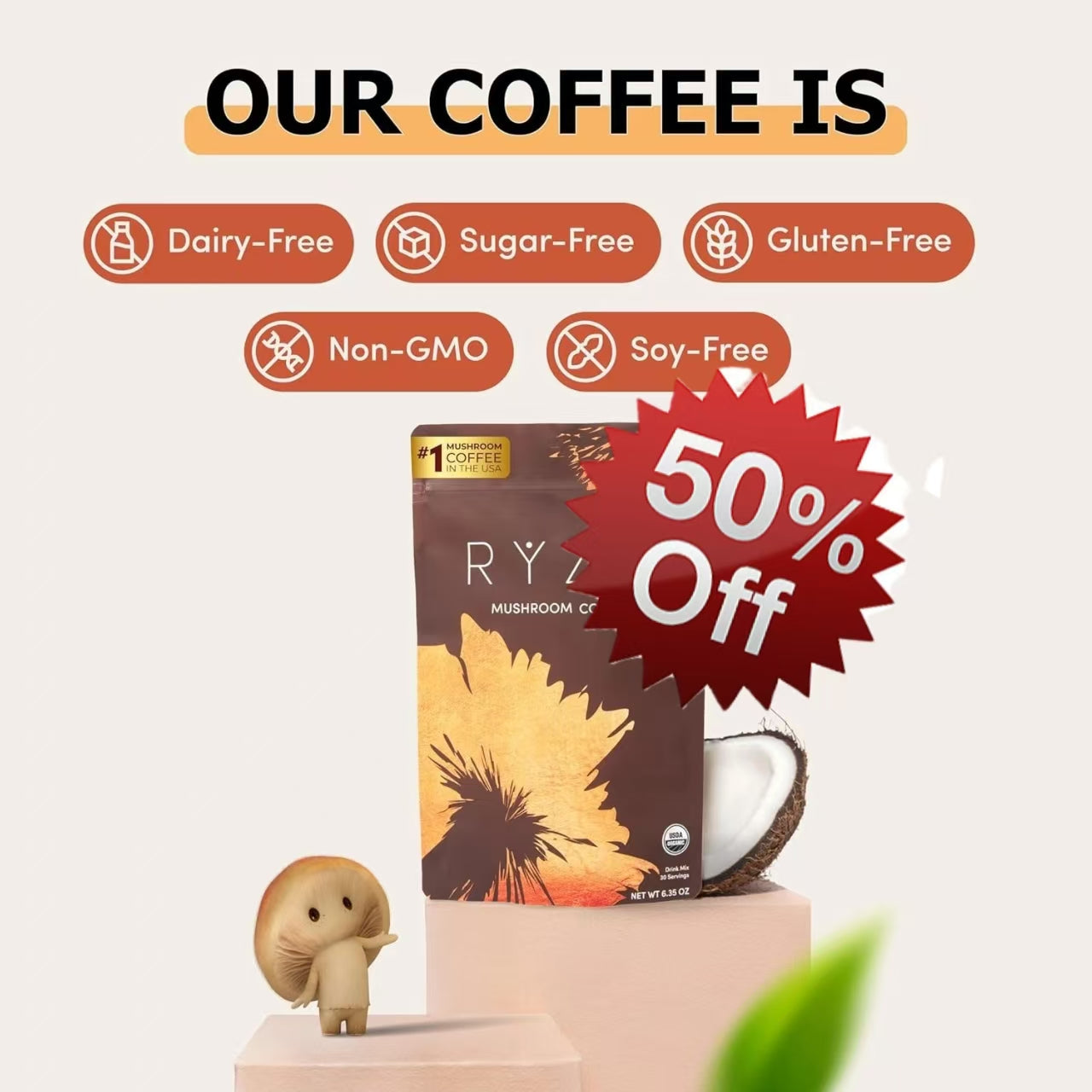 RYZE SUPERFOODS Mushroom Coffee Dark Roast, 6 Adaptogenic Mushrooms & Prebiotic Blend, Instant Coffee Supports Energy, Focus, Digestion & Immunity, Lions Mane & Turkey Tail, 30 Servings. DestGlow