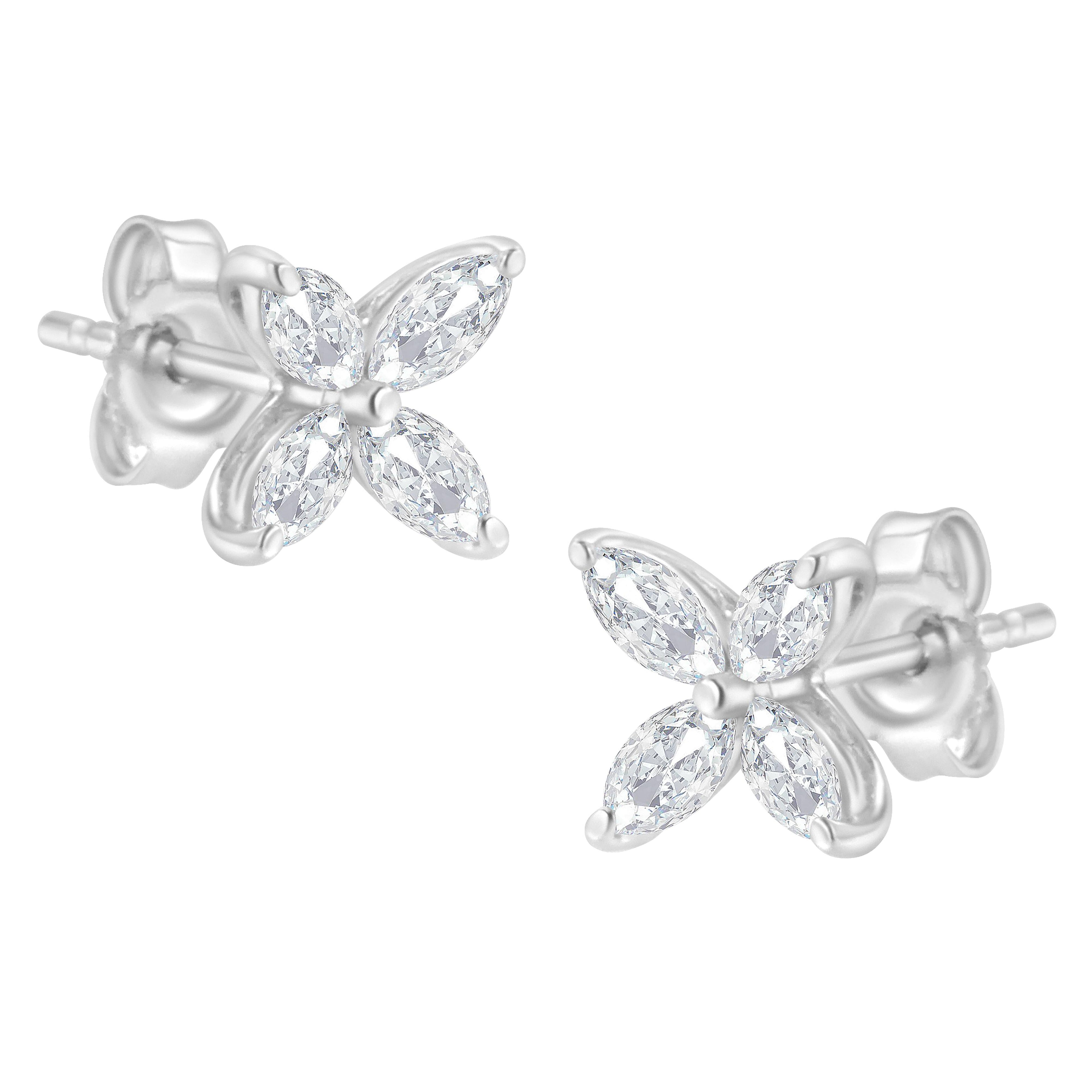 14K White Gold 1/2 Cttw Marquise Diamond 8 Stone Floral Leaf Stud Earrings (H-I Color, SI1-SI2 Clarity) by Bids.com