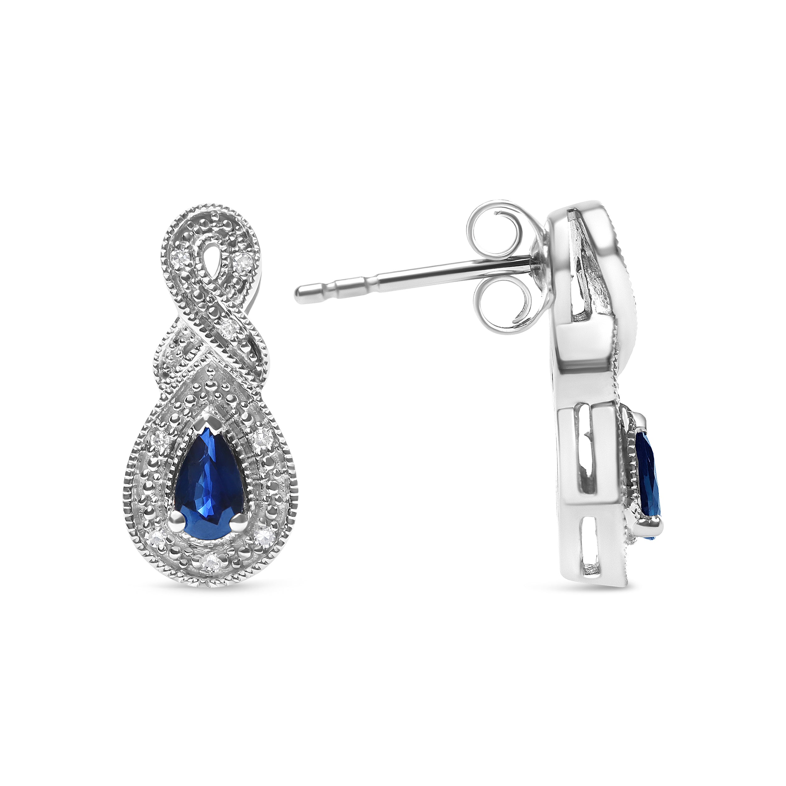 .925 Sterling Silver 4.5 x 3mm Pear Sapphire Gemstone and Diamond Accent Infinity Drop Stud Earrings (H-I Color, SI1-SI2 Clarity) by Bids.com