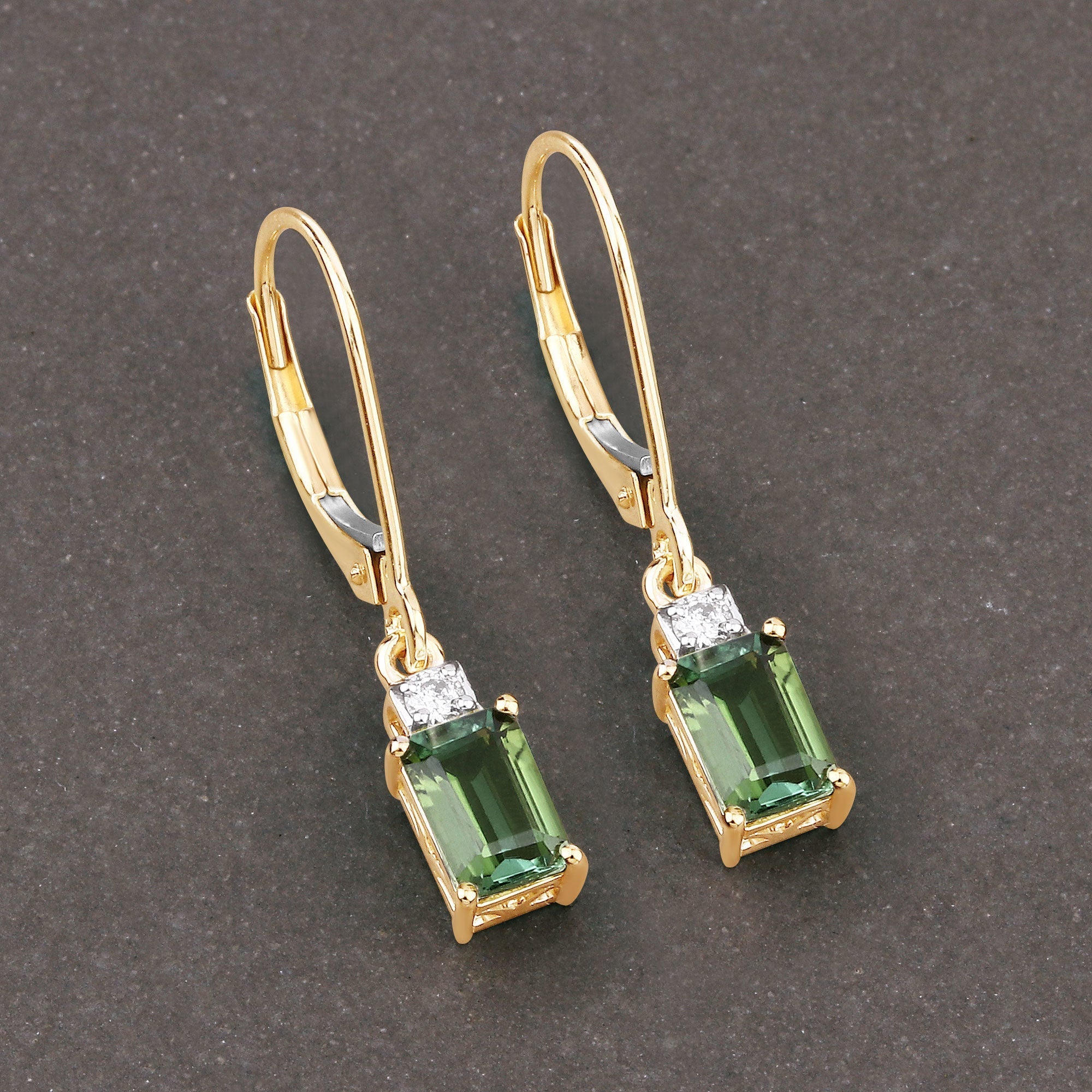 1.28 Carat Genuine Green Tourmaline and White Diamond 14K Yellow Gold Earrings DestGlow