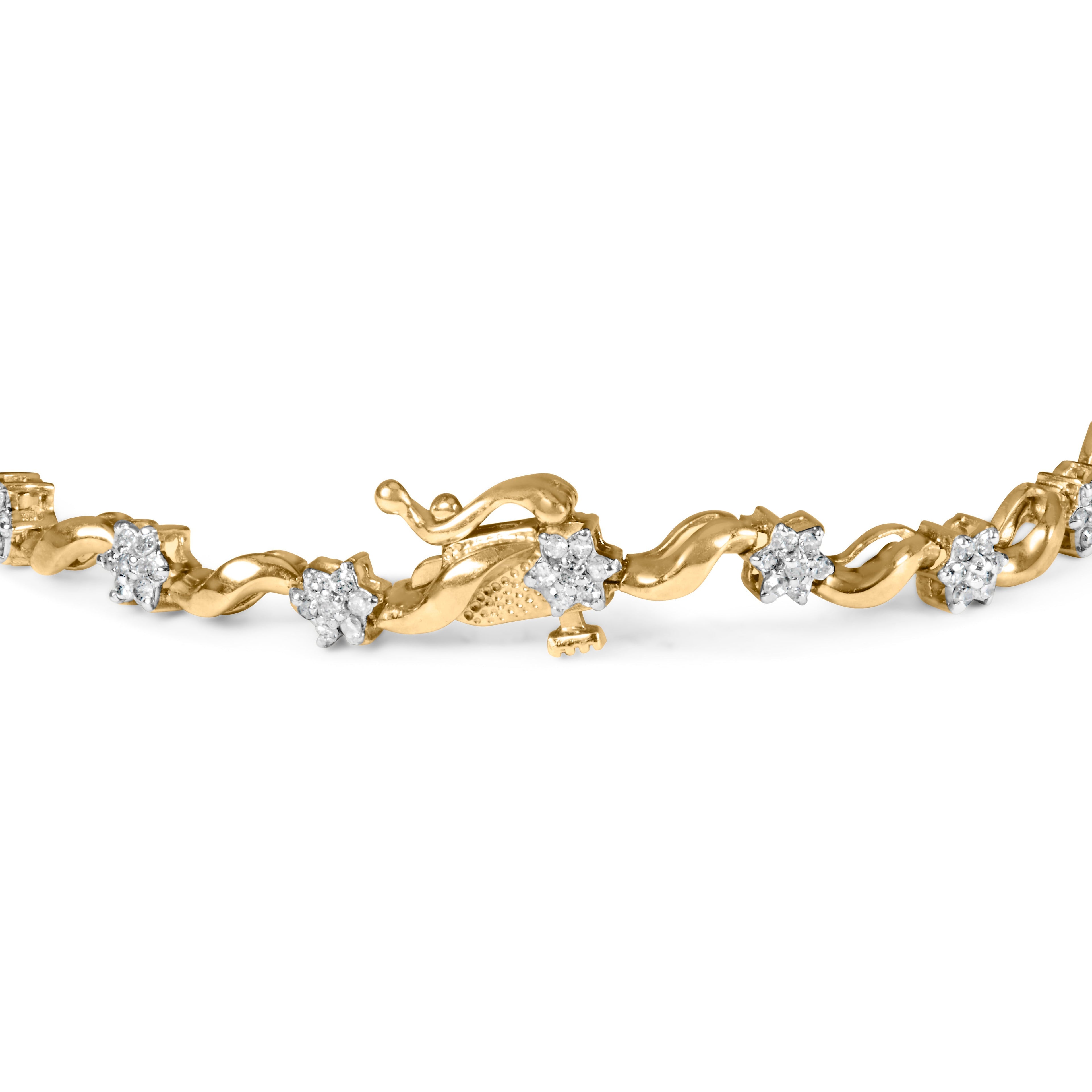 10k Yellow Gold 1.00 Cttw Round-Cut Diamond Floral S-Link 7.50" Bracelet (I-J Color, I2-I3 Clarity) DestGlow