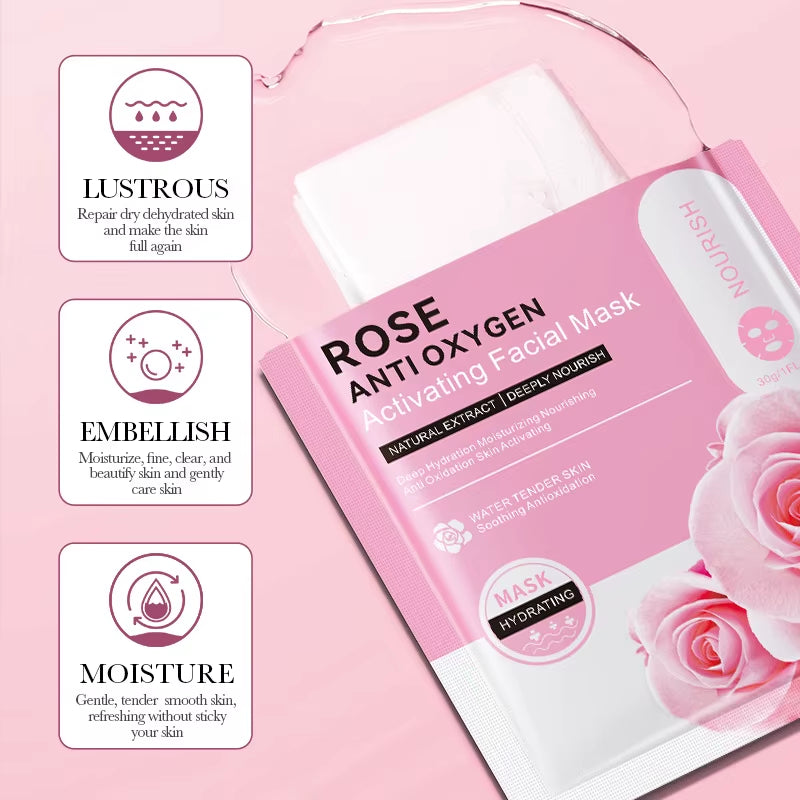 12Pc Rose Flower Extract Face Mask Korean Whitening Sheet Mask Moisturizing Mask Nourishing Skincare Facial Korean Fresh Product by Korean Skin Care