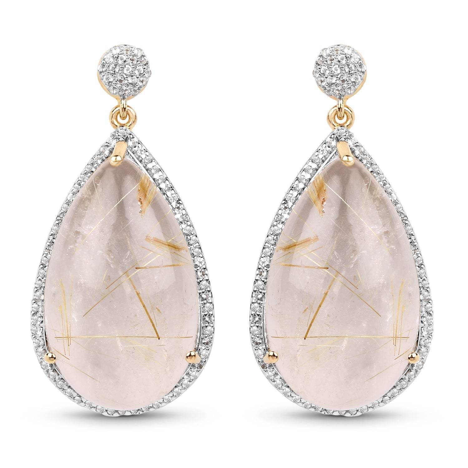 14K Yellow Gold Plated 35.15 Carat Genuine Golden Rutile and White Topaz .925 Sterling Silver Earrings DestGlow