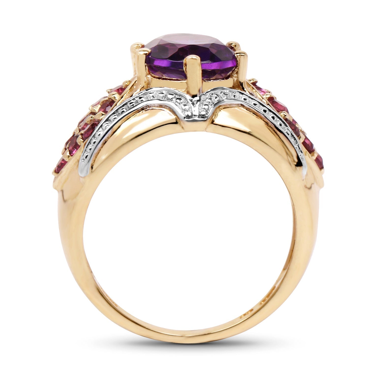14K Yellow Gold Plated 3.01 Carat Genuine Amethyst & Rhodolite .925 Sterling Silver Ring DestGlow