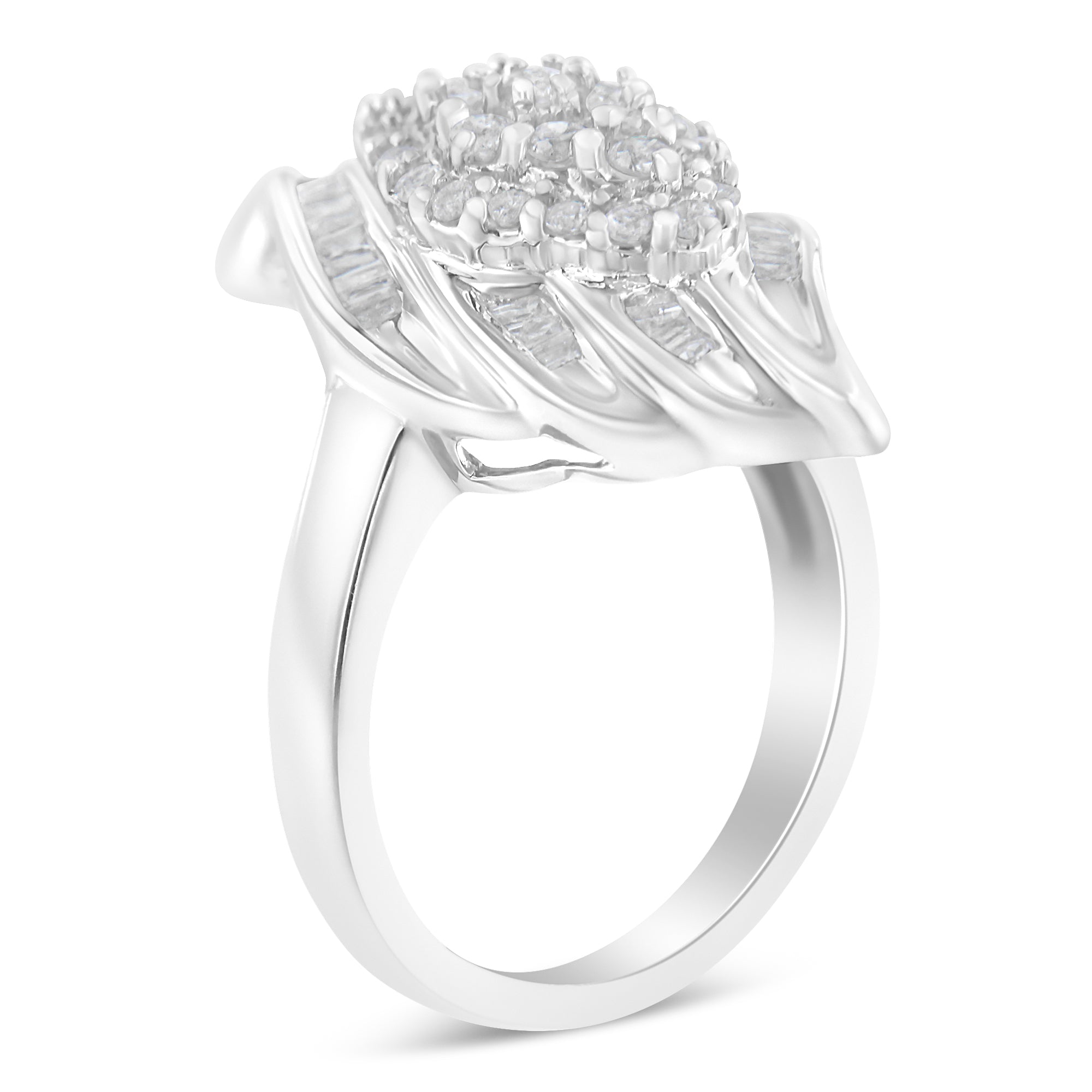 .925 Sterling Silver ¾ Cttw Round and Baguette Cut Diamond Stair-Stepped Cluster Waterfall Cocktail Ring (I-J Color, I2-I3 Clarity) - Size 6 by Bids.com