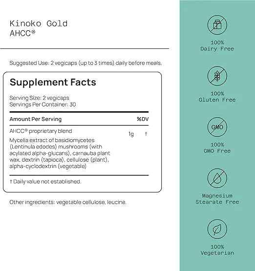 Quality of Life Premium Kinoko Gold AHCC Supplement, 500 mg per Capsule, Supports Immune Health, Liver Function, Maintains Natural Killer Cell Activity & Enhances Cytokine Production, 60 Veg Capsules