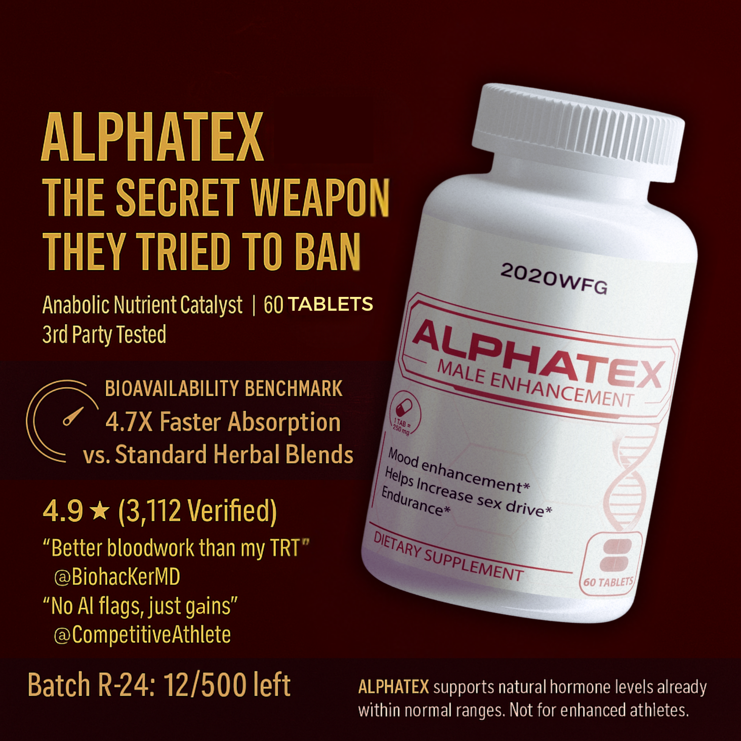 ALPHATEX: Hardcore Testosterone Support | Muscle Growth Drive Tablets for Men (60 Count)