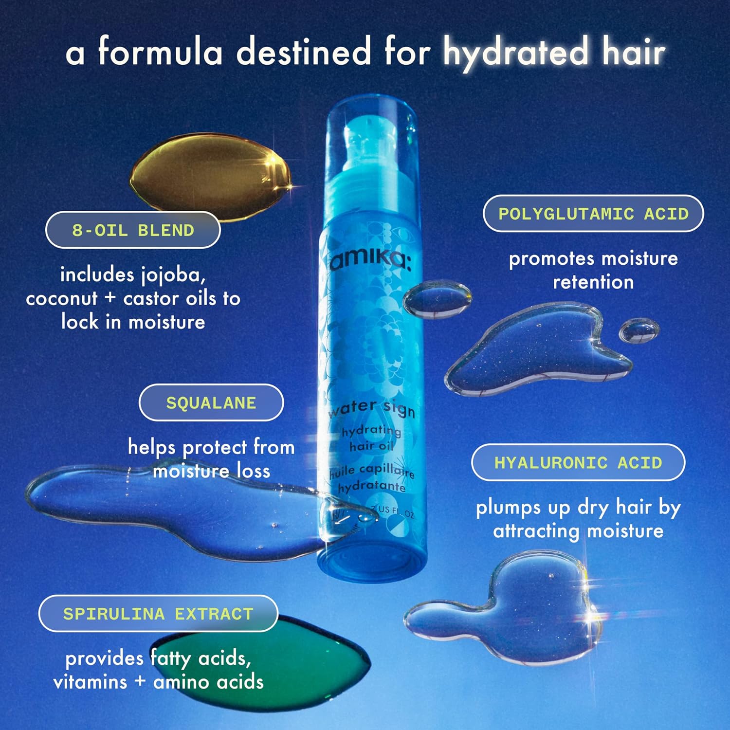 Amika Water Sign Hydrating Hair Oil with Hyaluronic Acid 1.7 Oz - DestGlow