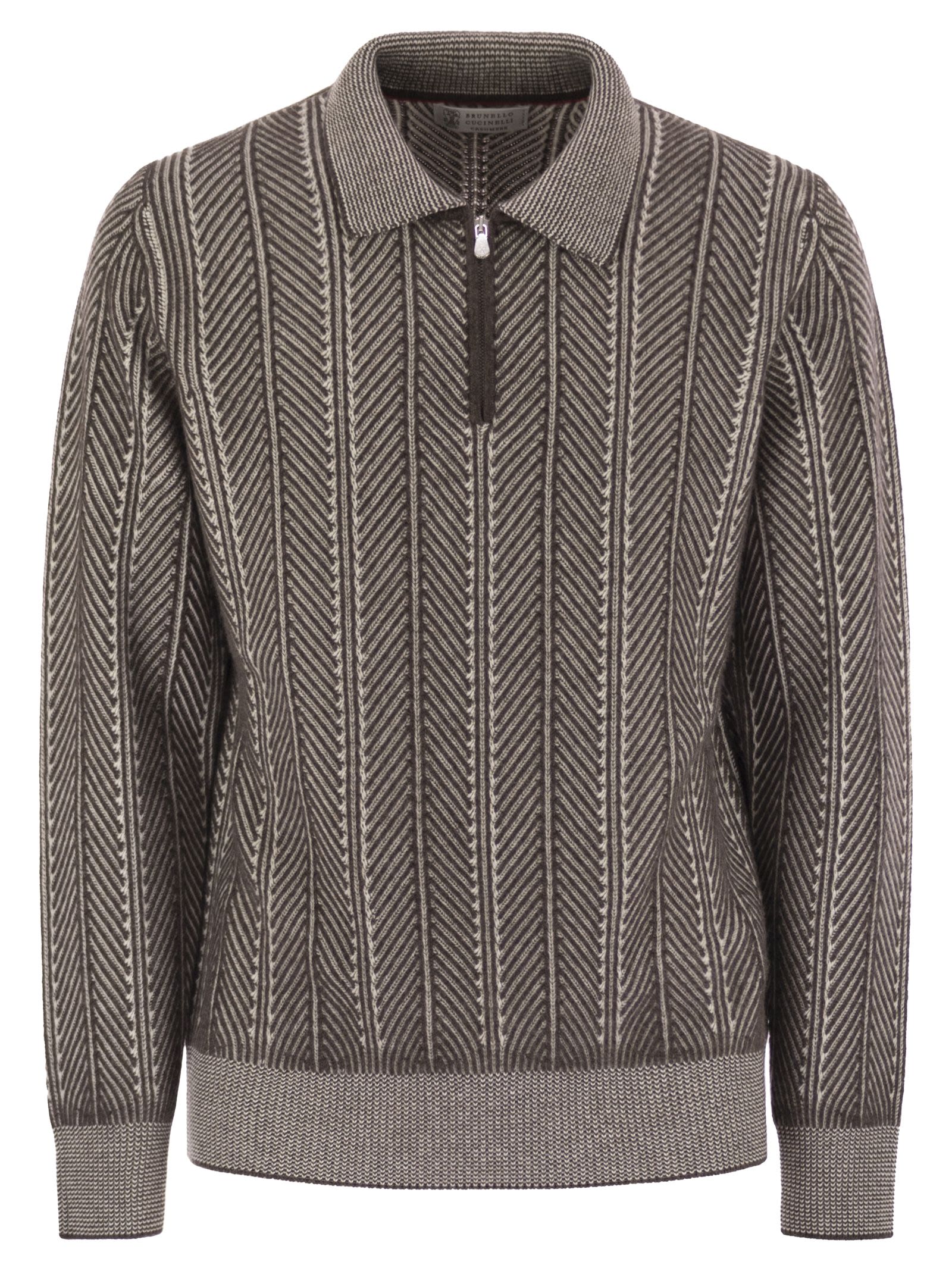 Brunello Cucinelli Men Vanisé Chevron Cashmere Sweater With Polo Neck And Zip Opening by Luosophy