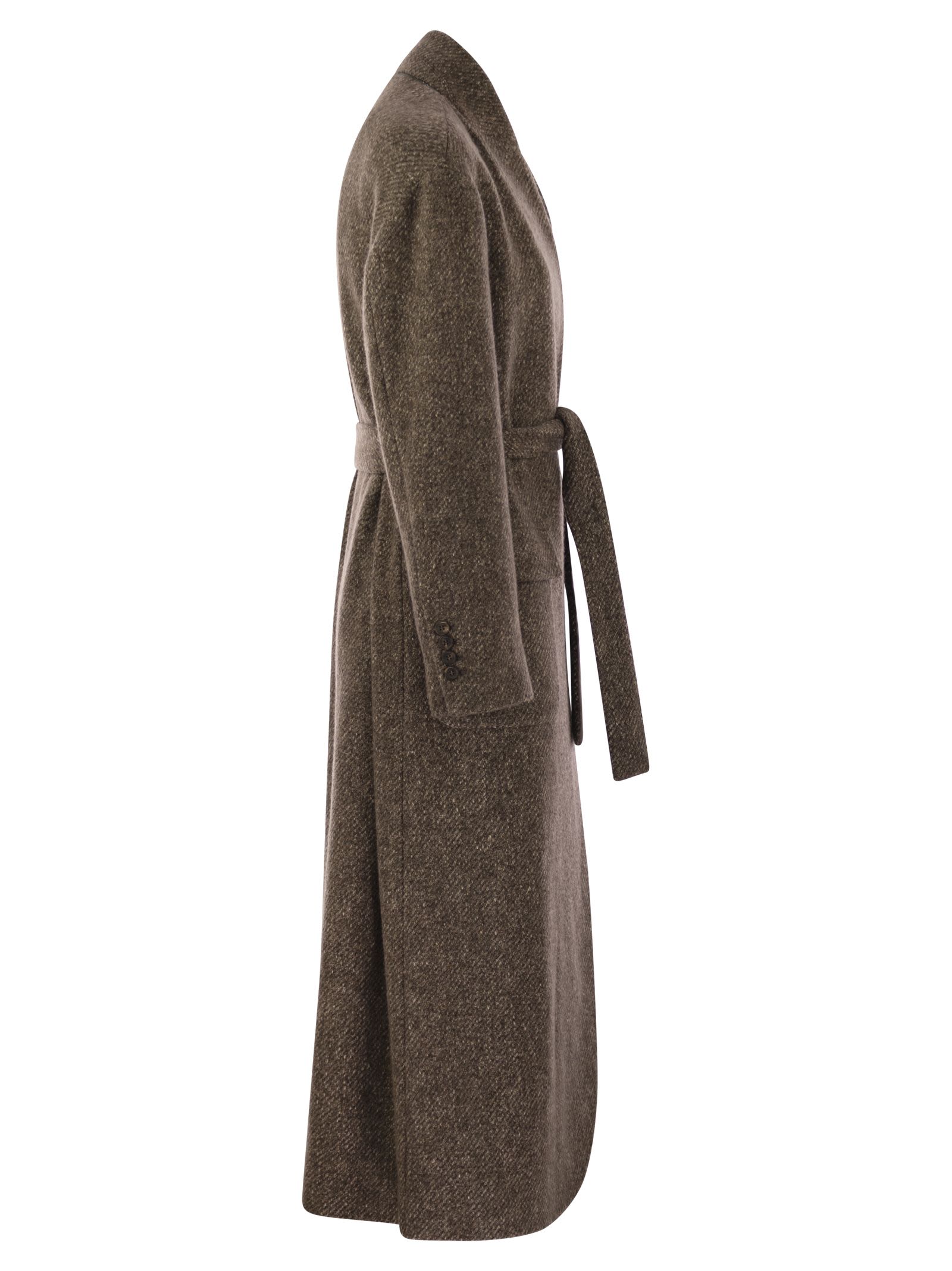 Brunello Cucinelli Women Wool And Cashmere Diagonal Mélange Coat With Belt And Necklace by Luosophy