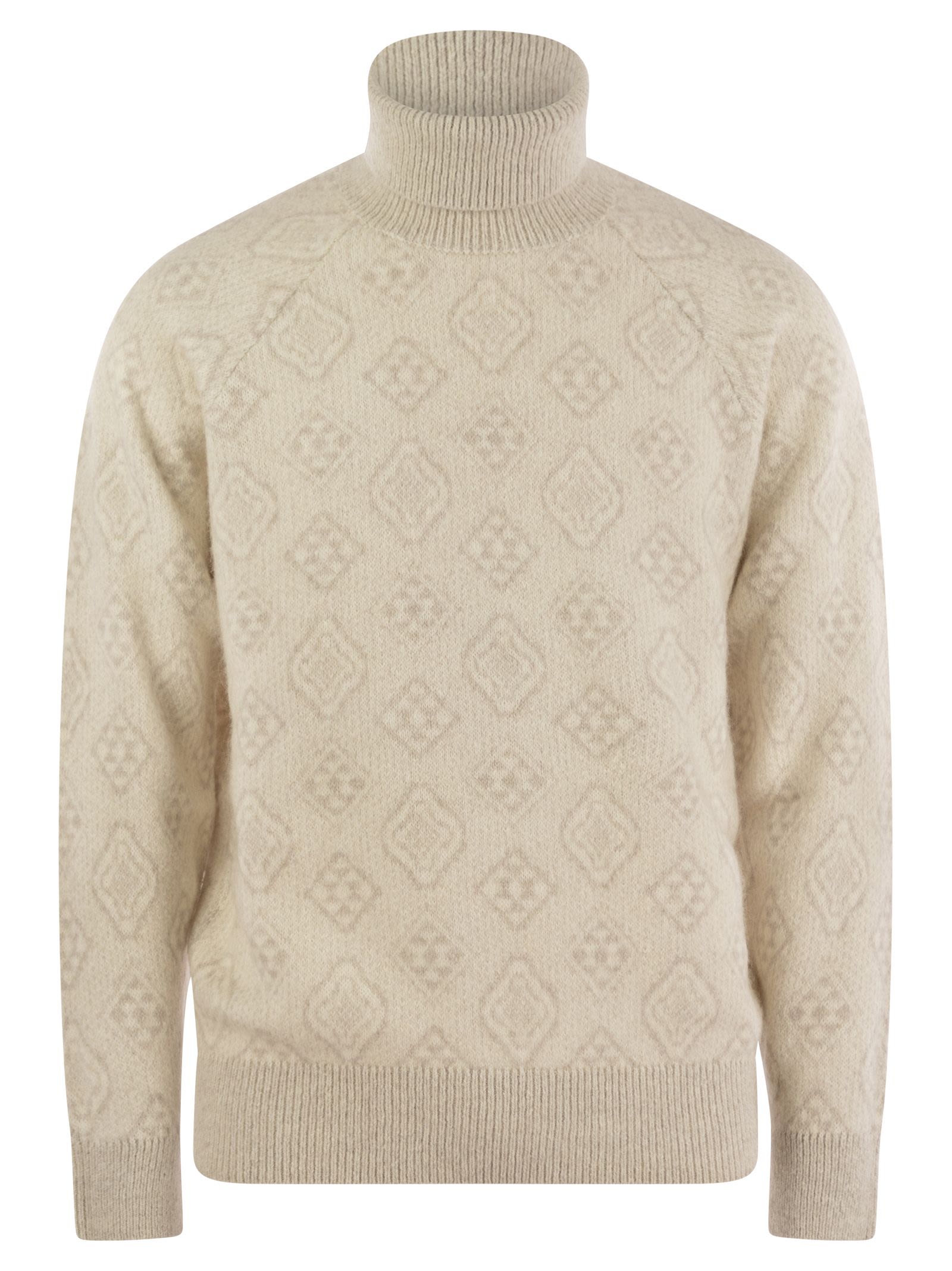 Brunello Cucinelli Men Geometric Jacquard Turtleneck Sweater In Alpaca, Cotton And Wool by Luosophy