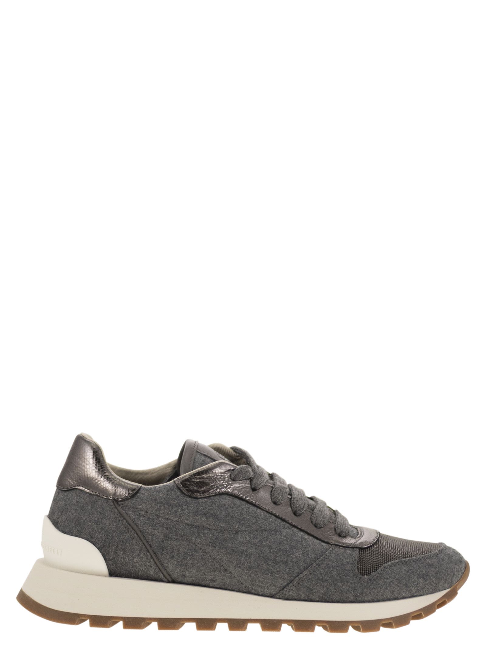 Brunello Cucinelli Women Runners In Virgin Wool Flannel And Lamé Calfskin With Precious Toe by Luosophy