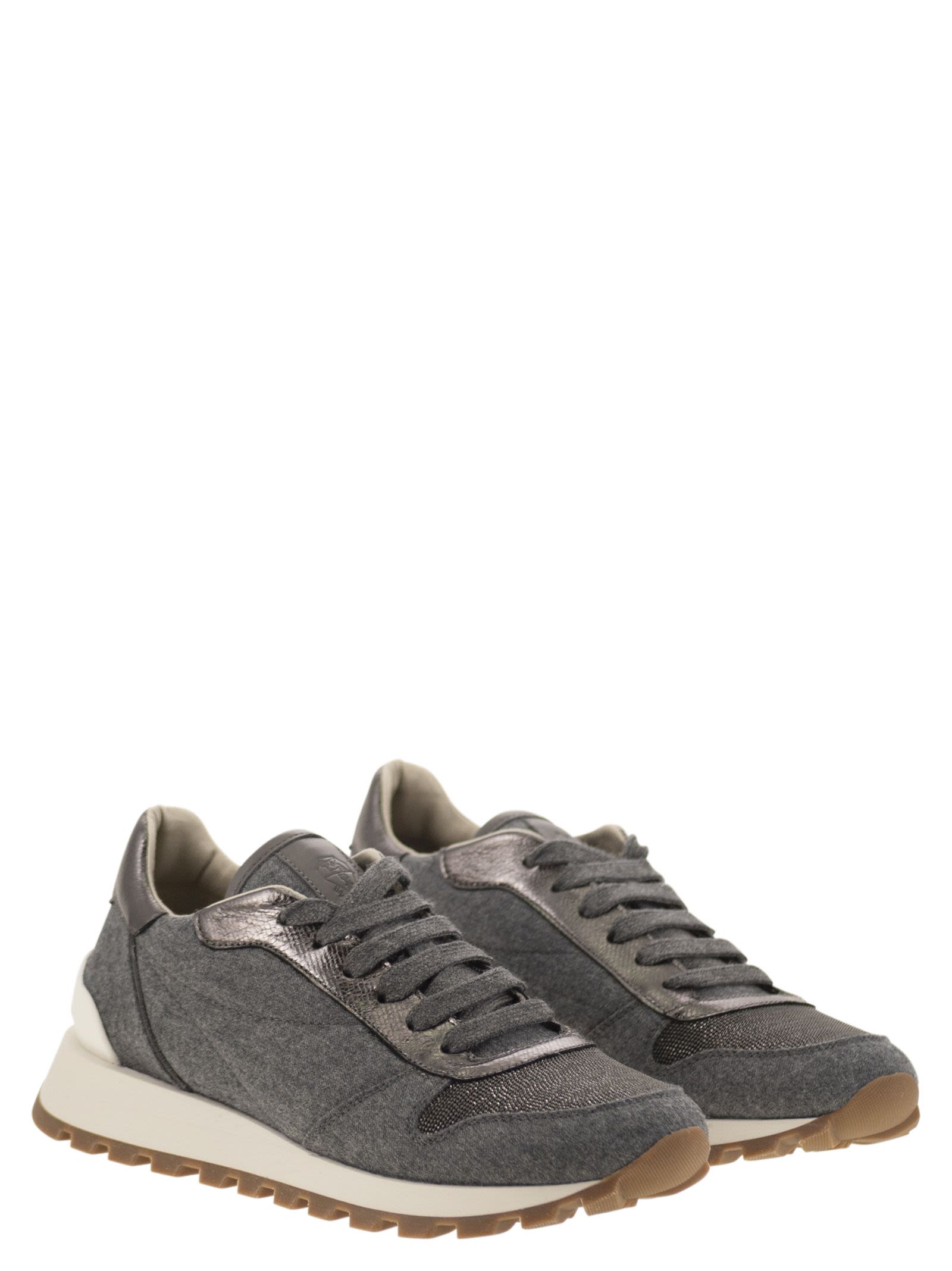 Brunello Cucinelli Women Runners In Virgin Wool Flannel And Lamé Calfskin With Precious Toe by Luosophy