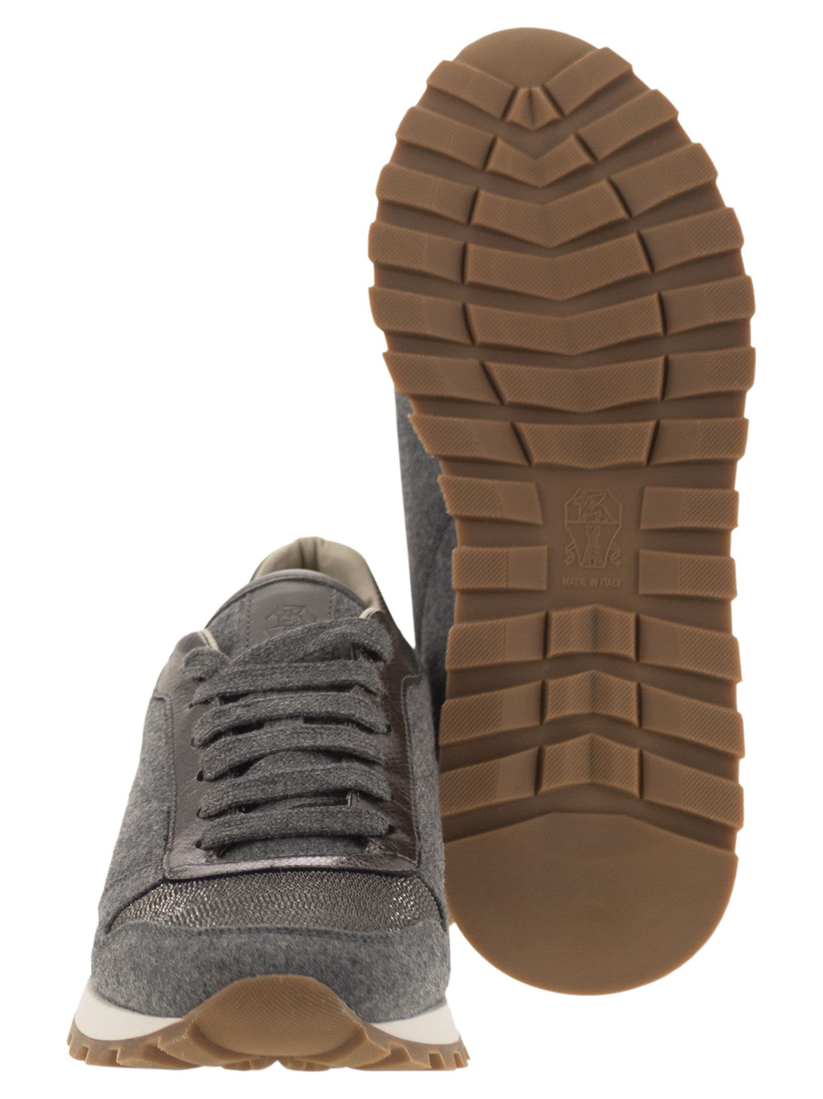 Brunello Cucinelli Women Runners In Virgin Wool Flannel And Lamé Calfskin With Precious Toe by Luosophy