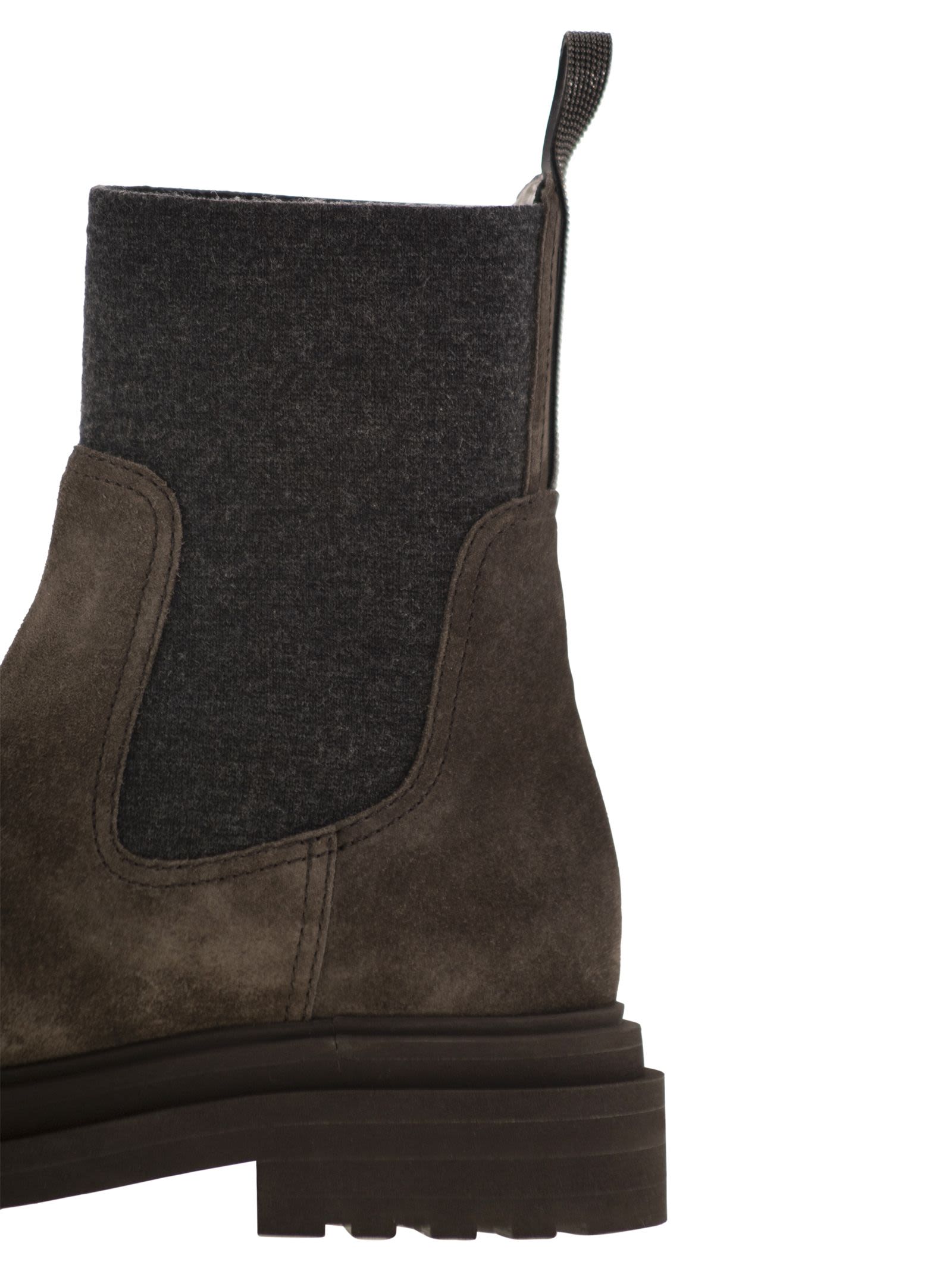 Brunello Cucinelli Women Suede Boot With Knitted Insert And Precious Loop Detail by Luosophy
