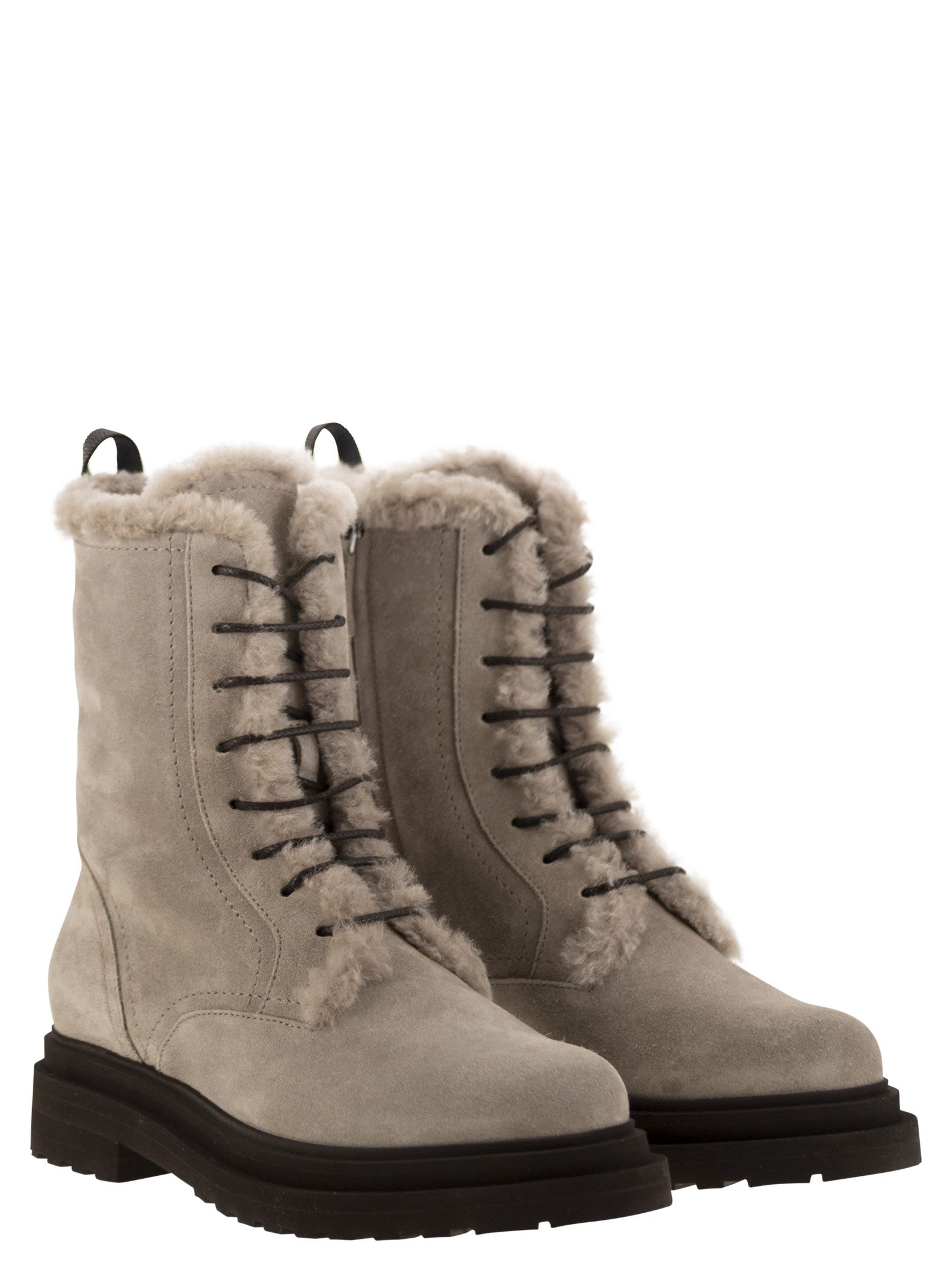 Brunello Cucinelli Women Suede Boot With Shearling Lining And Shiny Loop Detail by Luosophy