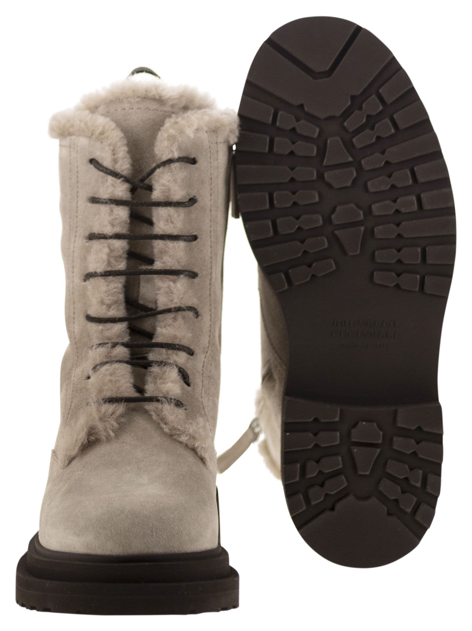 Brunello Cucinelli Women Suede Boot With Shearling Lining And Shiny Loop Detail by Luosophy