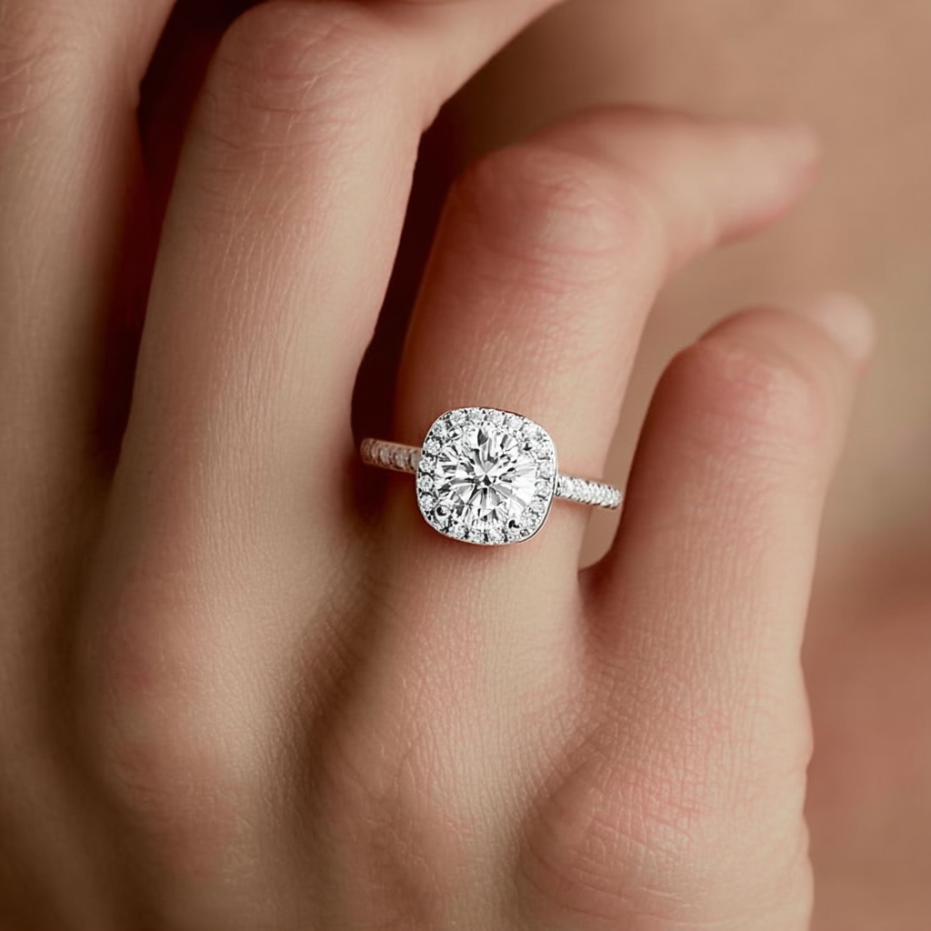 Aurora Halo 1.2 TCW Moissanite Women Engagement Ring - 925 Sterling Silver - DestGlow