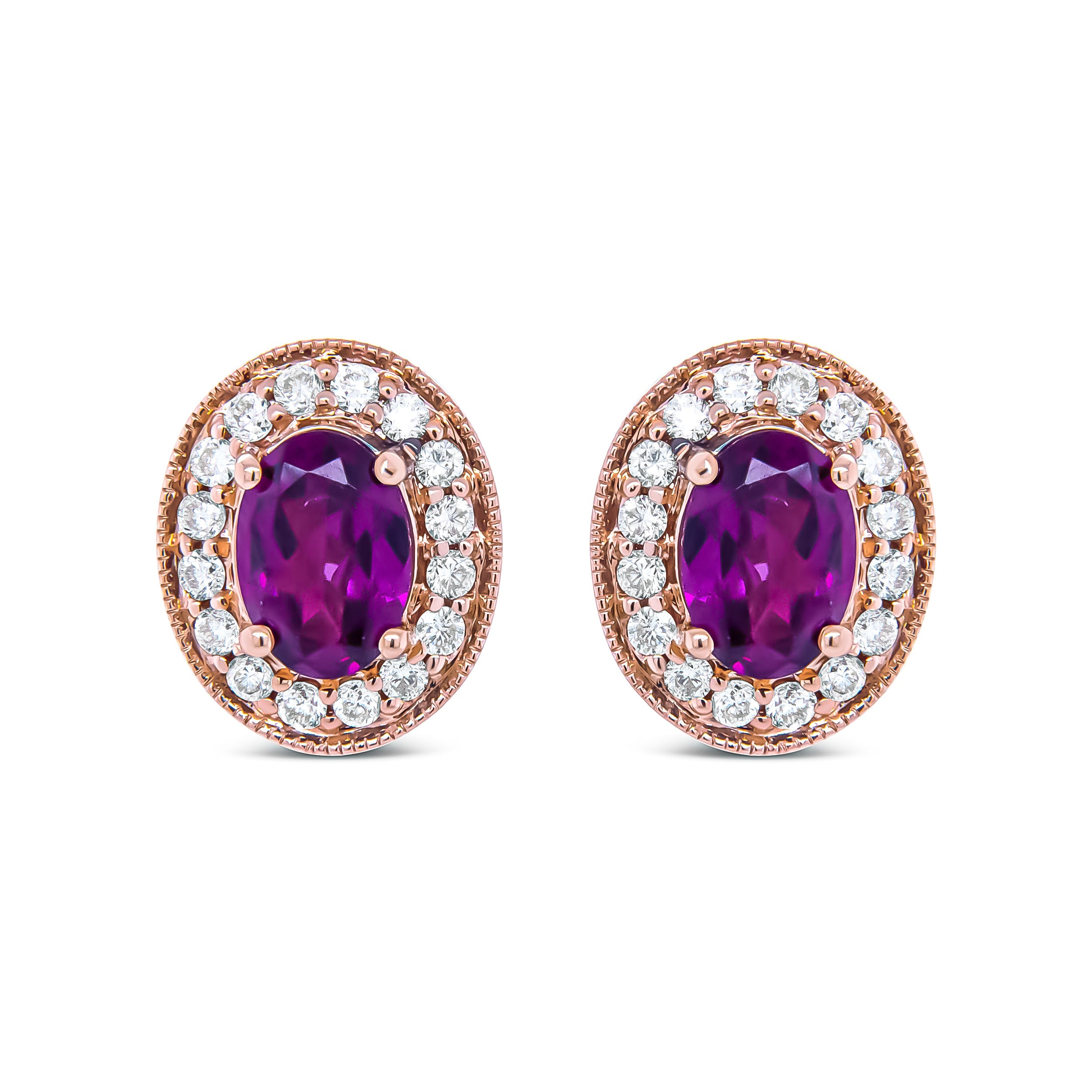 14K Rose Gold 7x5mm Oval Cut Garnet and 3/8 Cttw Round Diamond Halo Stud Earrings (G-H Color, SI1-SI2 Clarity) by Bids.com