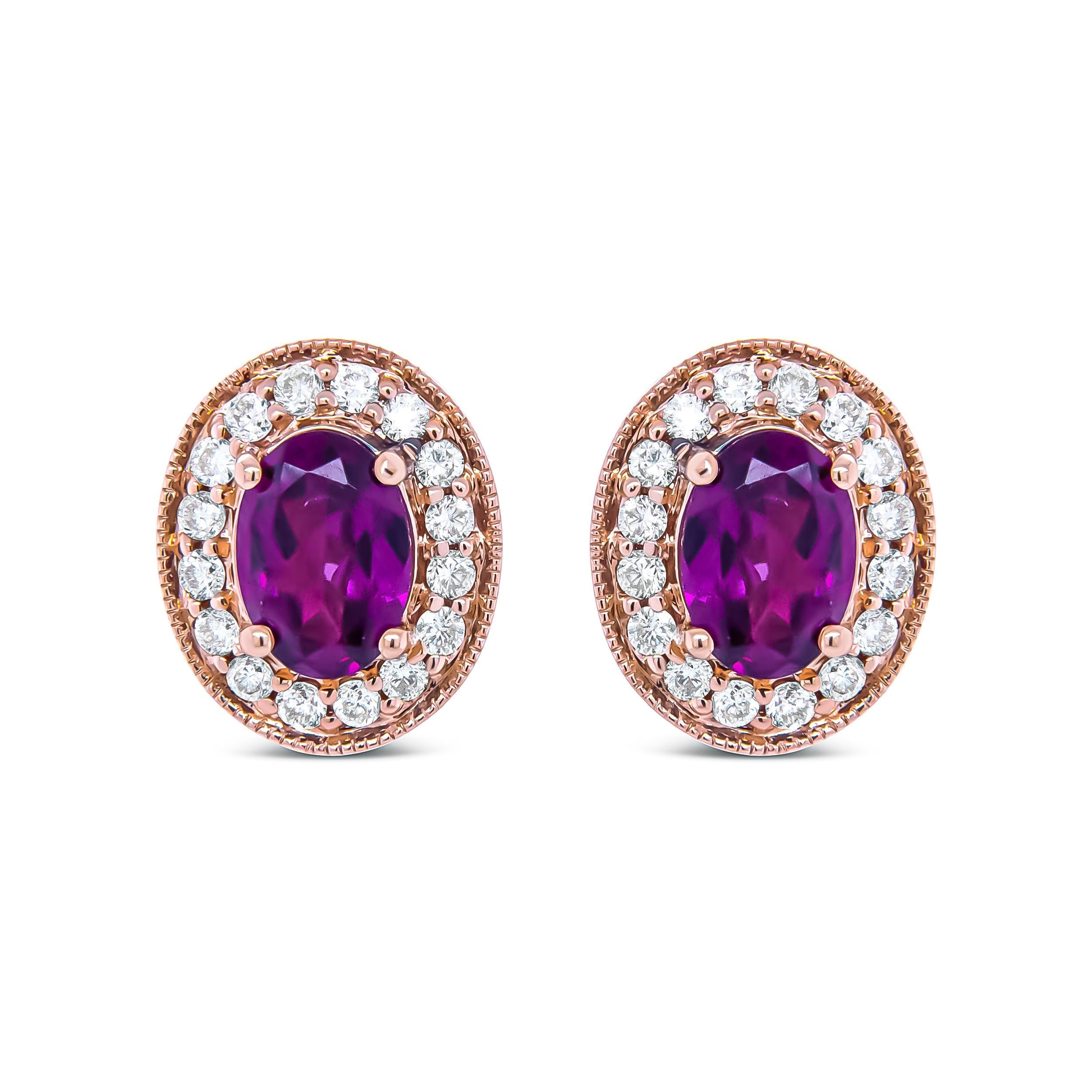 14K Rose Gold 7x5mm Oval Cut Garnet and 3/8 Cttw Round Diamond Halo Stud Earrings (G-H Color, SI1-SI2 Clarity) DestGlow