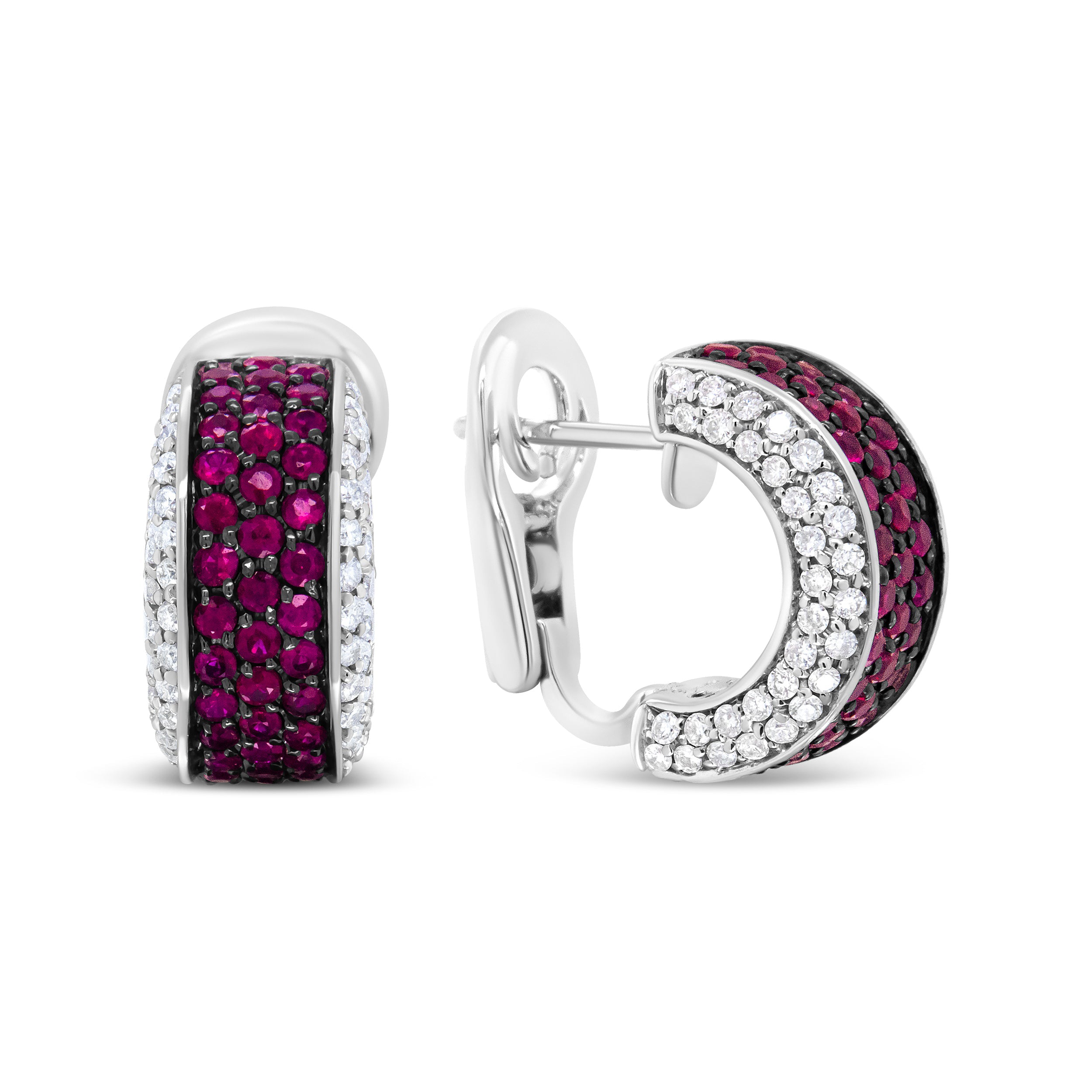 18K White Gold and Black Rhodium Plated 3/4 Cttw Round Diamonds and 1mm Round Red Ruby Huggie Hoop Earrings (F-G Color, VS1-VS2 Clarity) by Bids.com