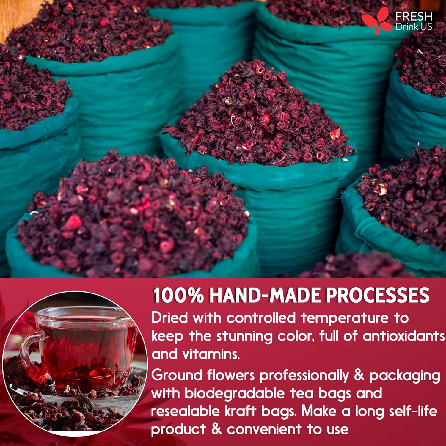 Cooling Heart & Mood Soother Duo, Hibiscus Flower & Spearmint Leaf Herbal Tea Bags, 100% Natural & Pure Flowers and Leaves, No Sugar, No Caffeine, No Gluten, Vegan – Herbal Beverage by FreshDrinkUS - Natural and Premium Herbal Tea