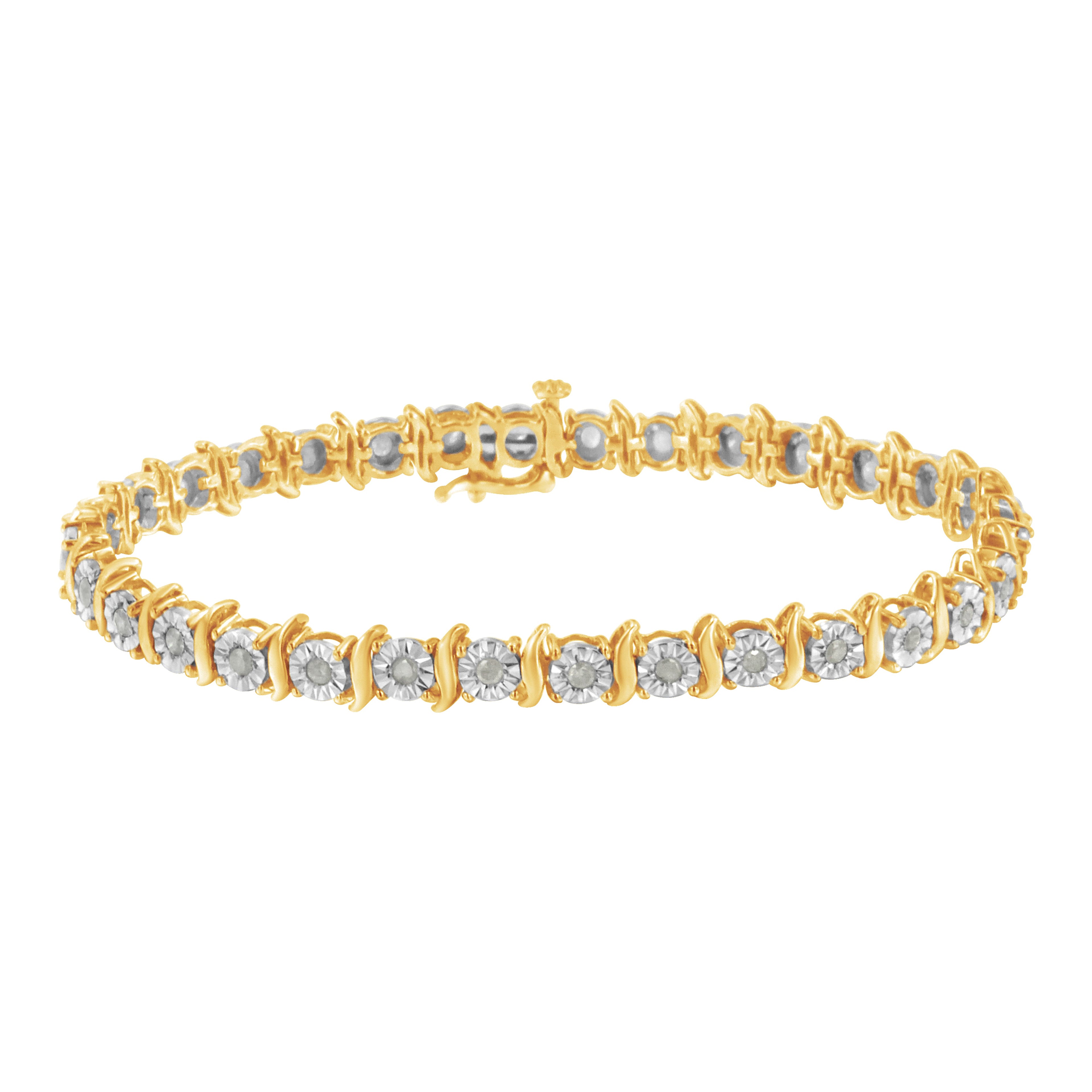 Two-Tone 10K Yellow Gold over .925 Sterling Silver 1.0 Cttw Diamond S-Curve Link Miracle-Set Tennis Bracelet (I-J Color, I3 Clarity) - 7" by Bids.com