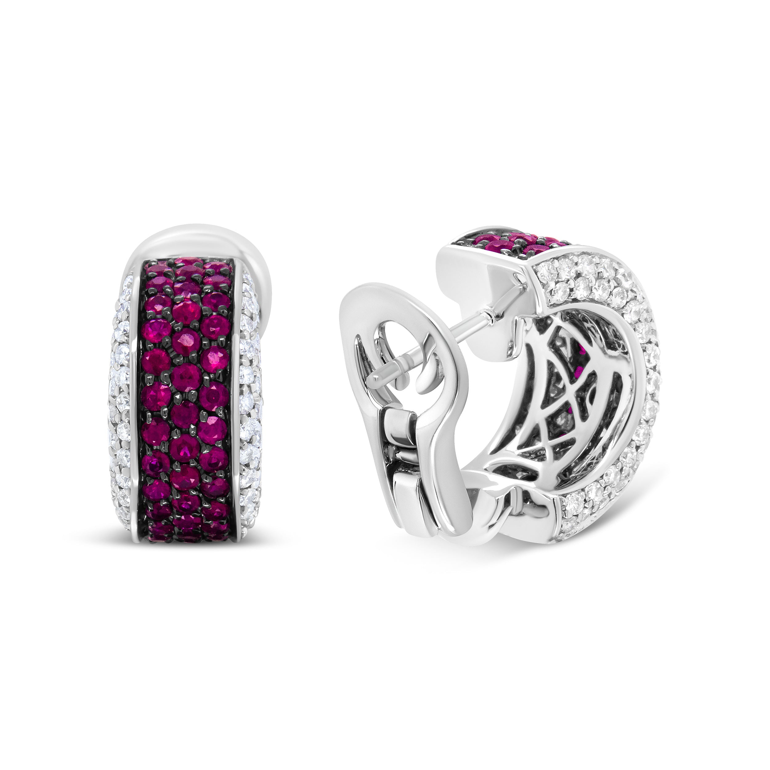 18K White Gold and Black Rhodium Plated 3/4 Cttw Round Diamonds and 1mm Round Red Ruby Huggie Hoop Earrings (F-G Color, VS1-VS2 Clarity) by Bids.com