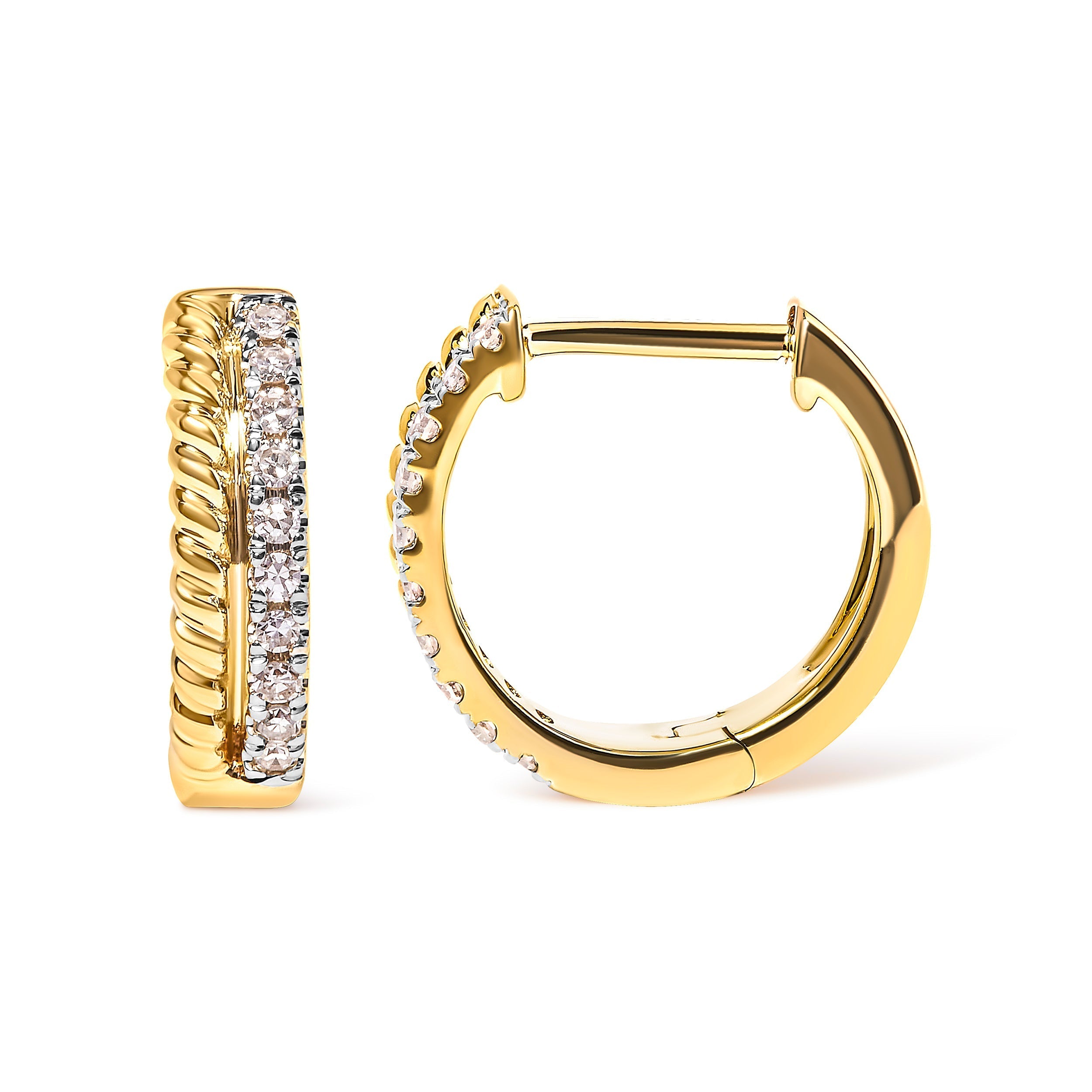 10K Yellow Gold 1/10 Cttw Diamond and Rope Twist Huggy Hoop Earrings (H-I Color, I1-I2 Clarity) DestGlow