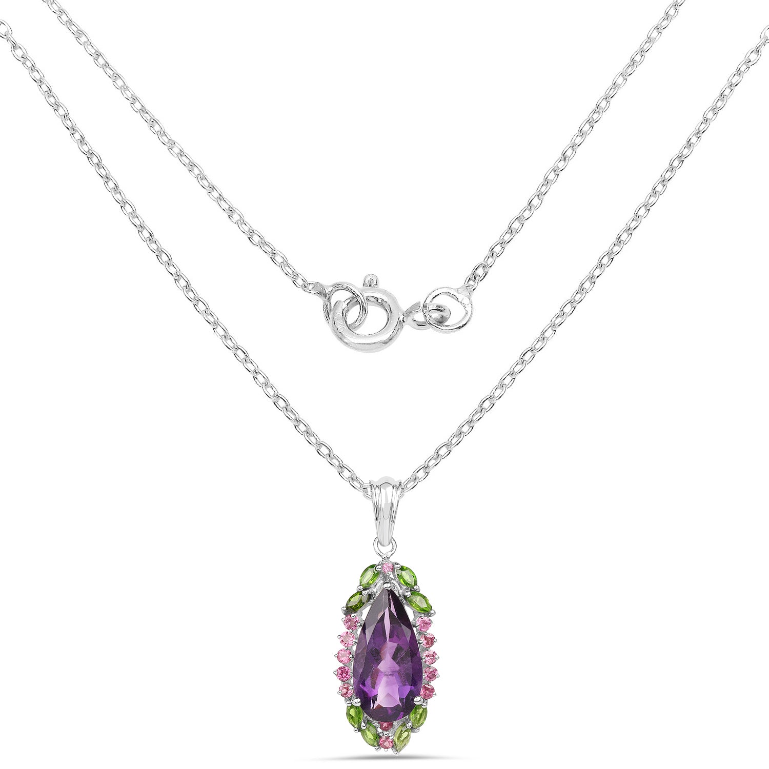 6.22 Carat Genuine Amethyst, Chrome Diopside and Rhodolite .925 Sterling Silver Pendant DestGlow
